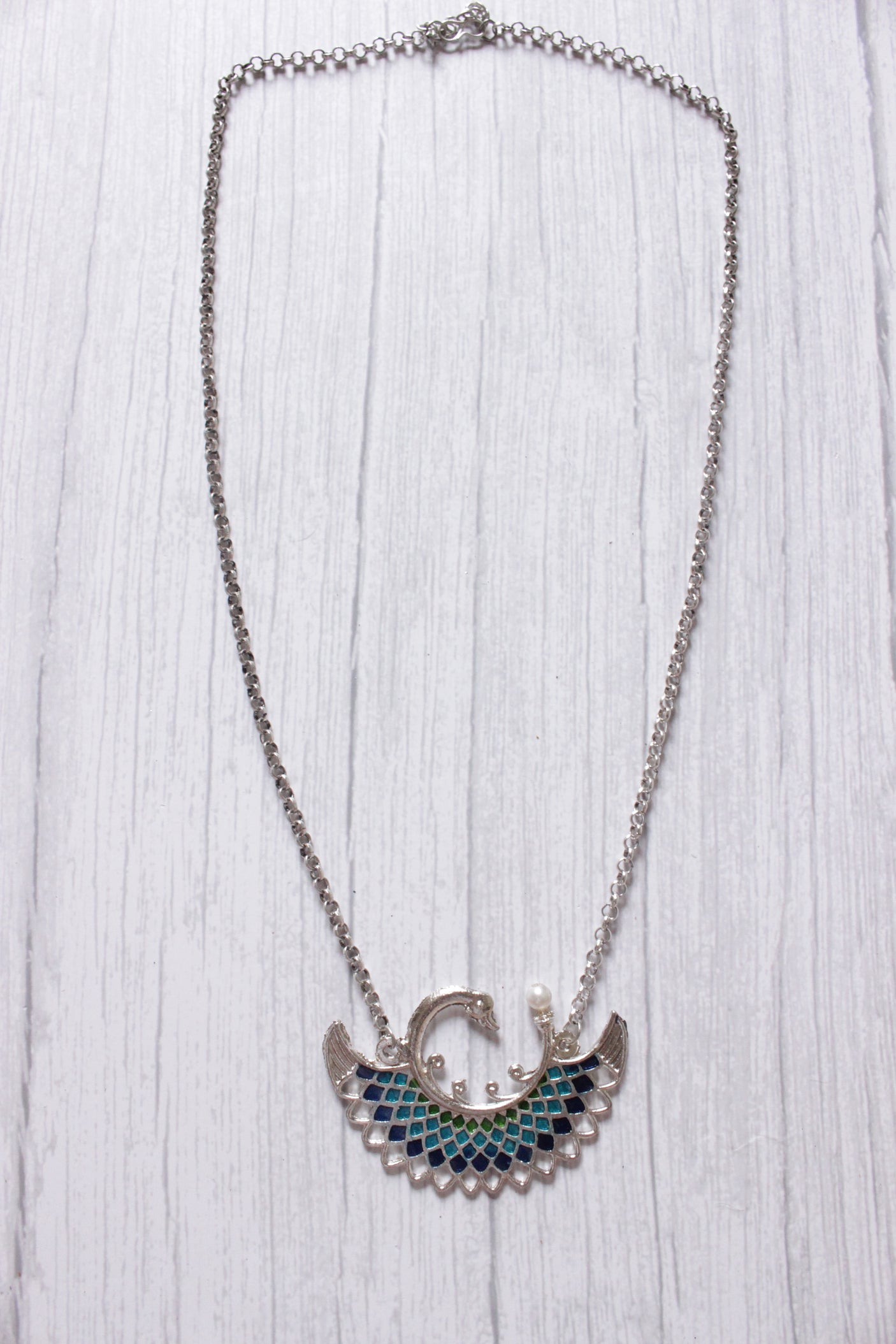 Glass Stones Embedded Peacock Motif Petite Silver Metal Necklace