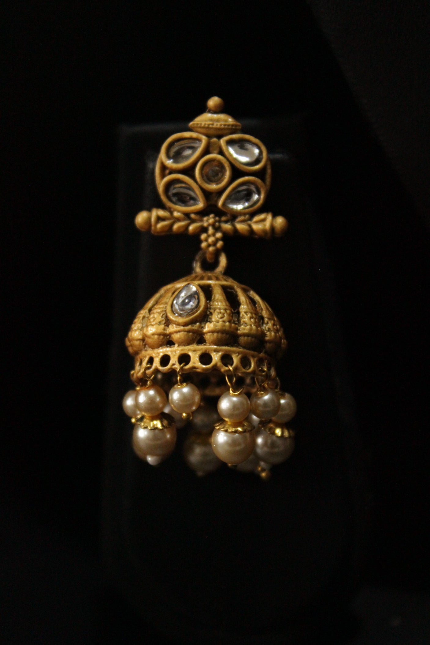 Kundan Stones Embedded Kalash Motif Matt Gold Finish Multi-Layer White Beads Long Necklace Set with Jhumka Earrings