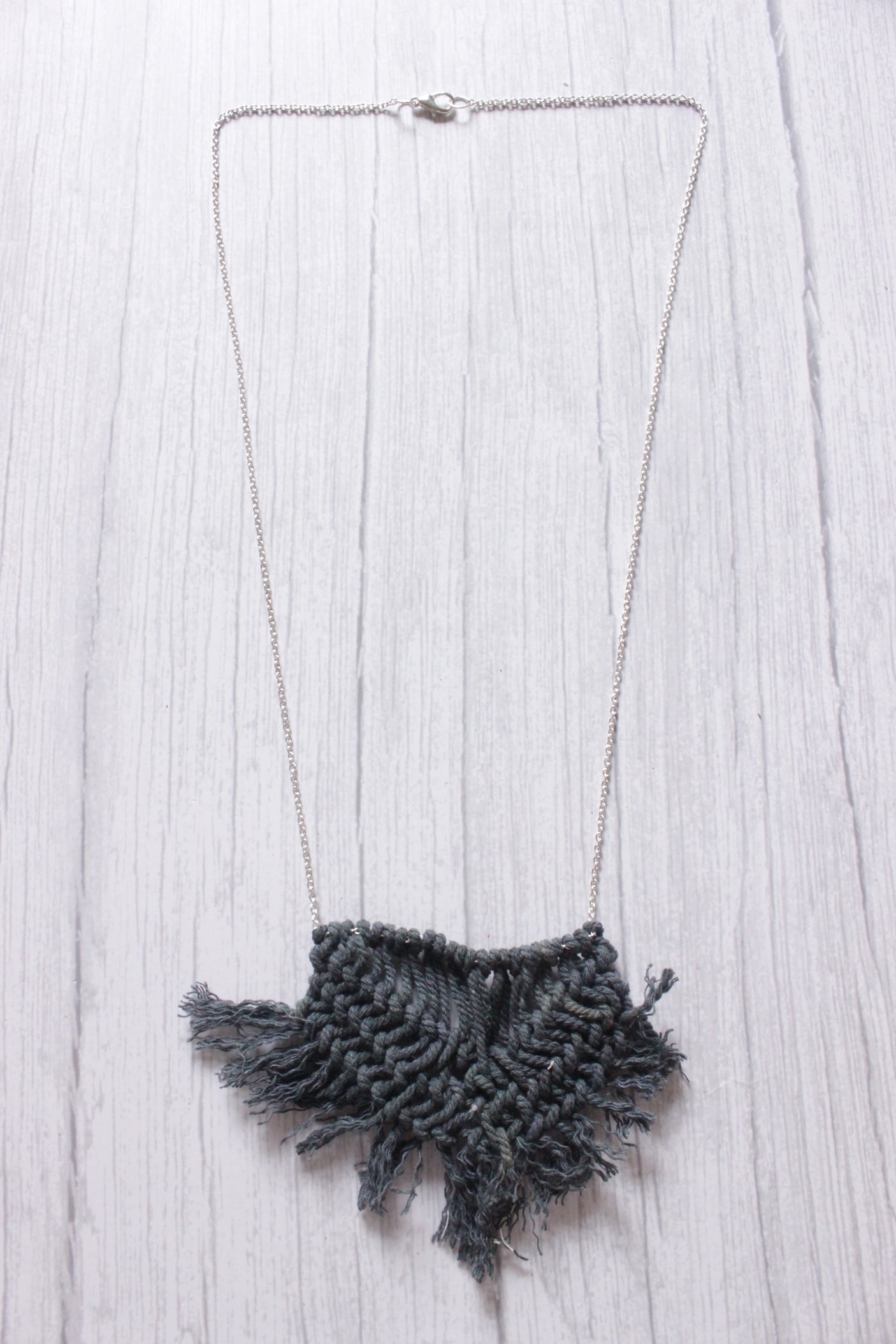 Hand Braided Macrame Threads Silver Chain Long Necklace