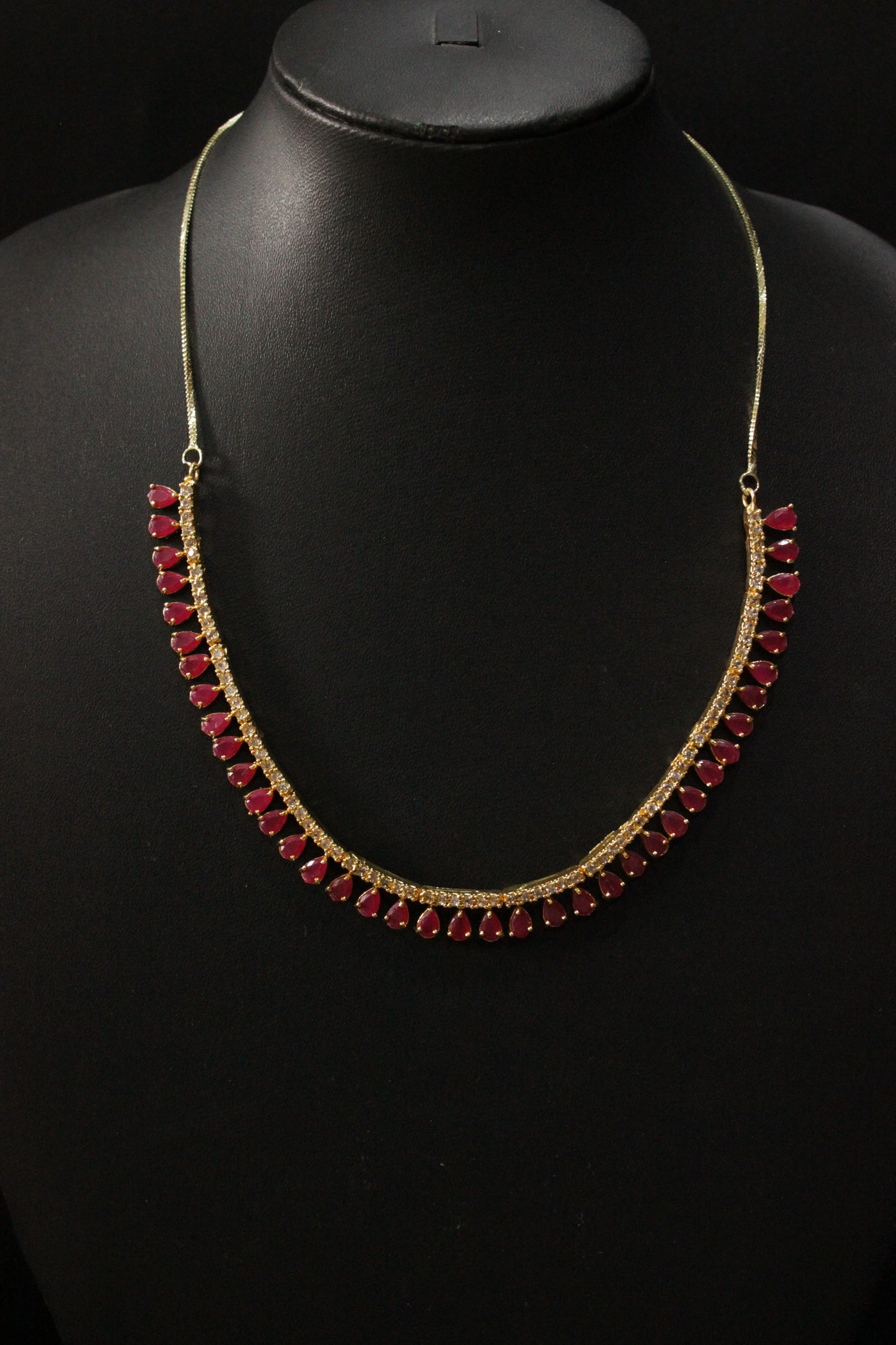 Red Ruby Stones and American Diamond Studded Delicate Gold Finish Necklace Set