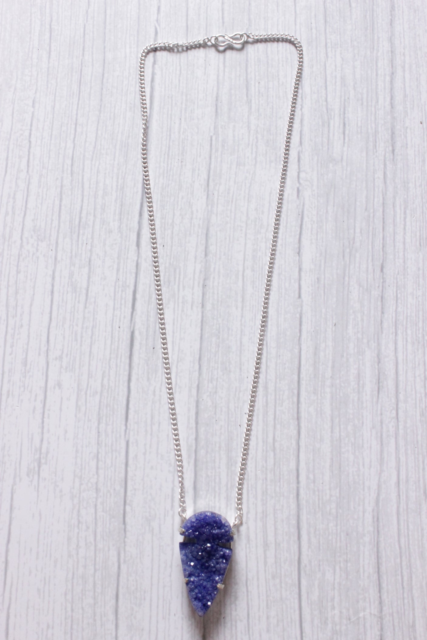 Blue Crystal Druzy Natural Gemstone Embedded Silver Plated Necklace