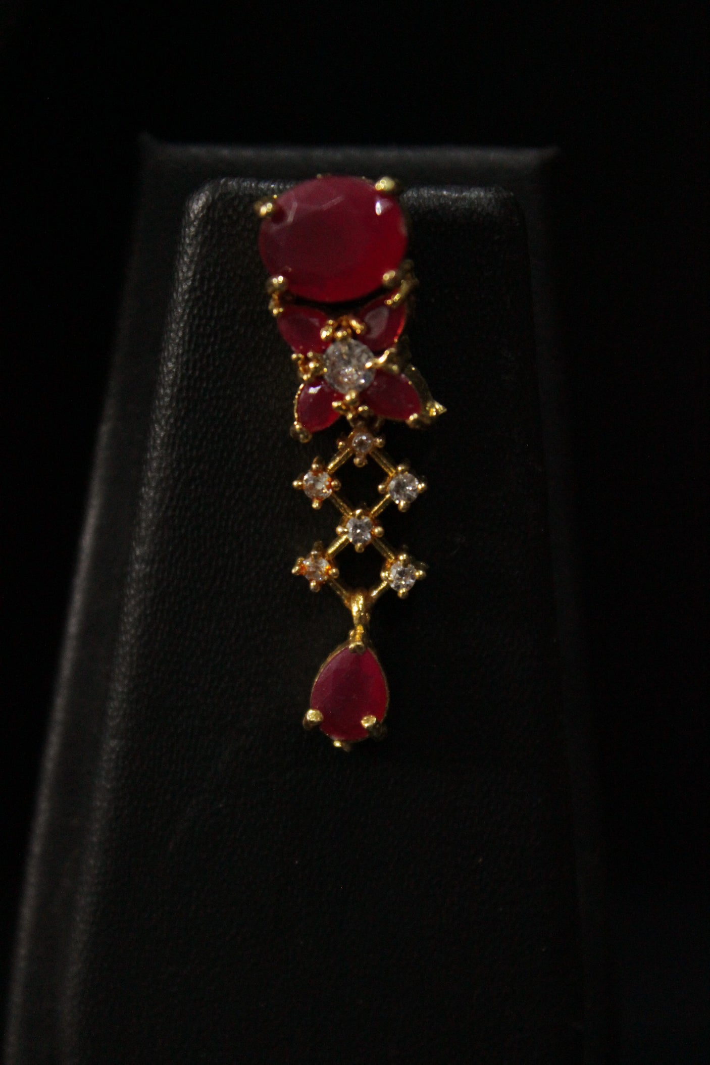 Red Ruby Stones and American Diamond Studded Delicate Gold Finish Necklace Set with Dangler Earrings