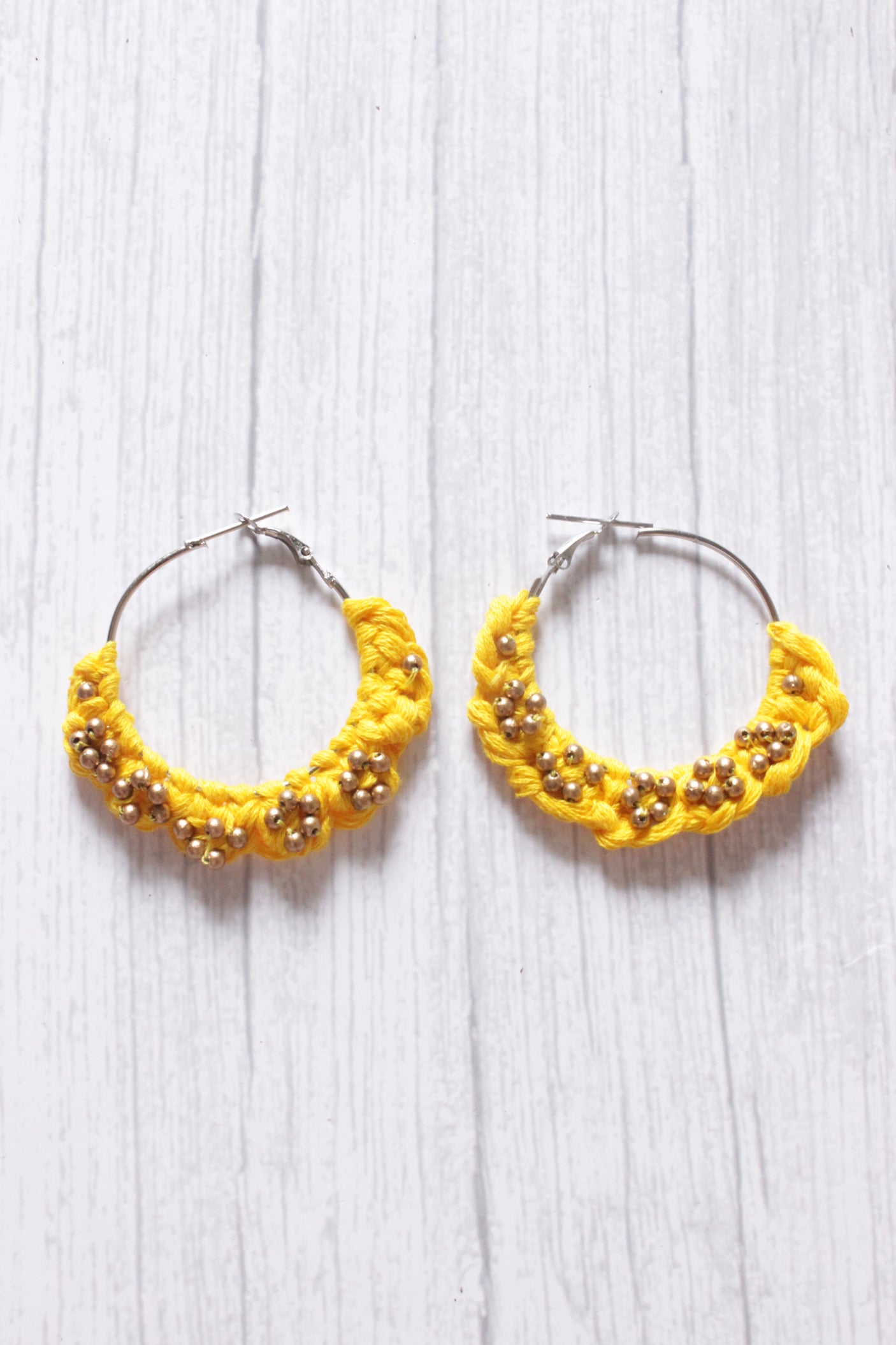 Hand Braided Yellow Macrame Threads Hoop Earrings