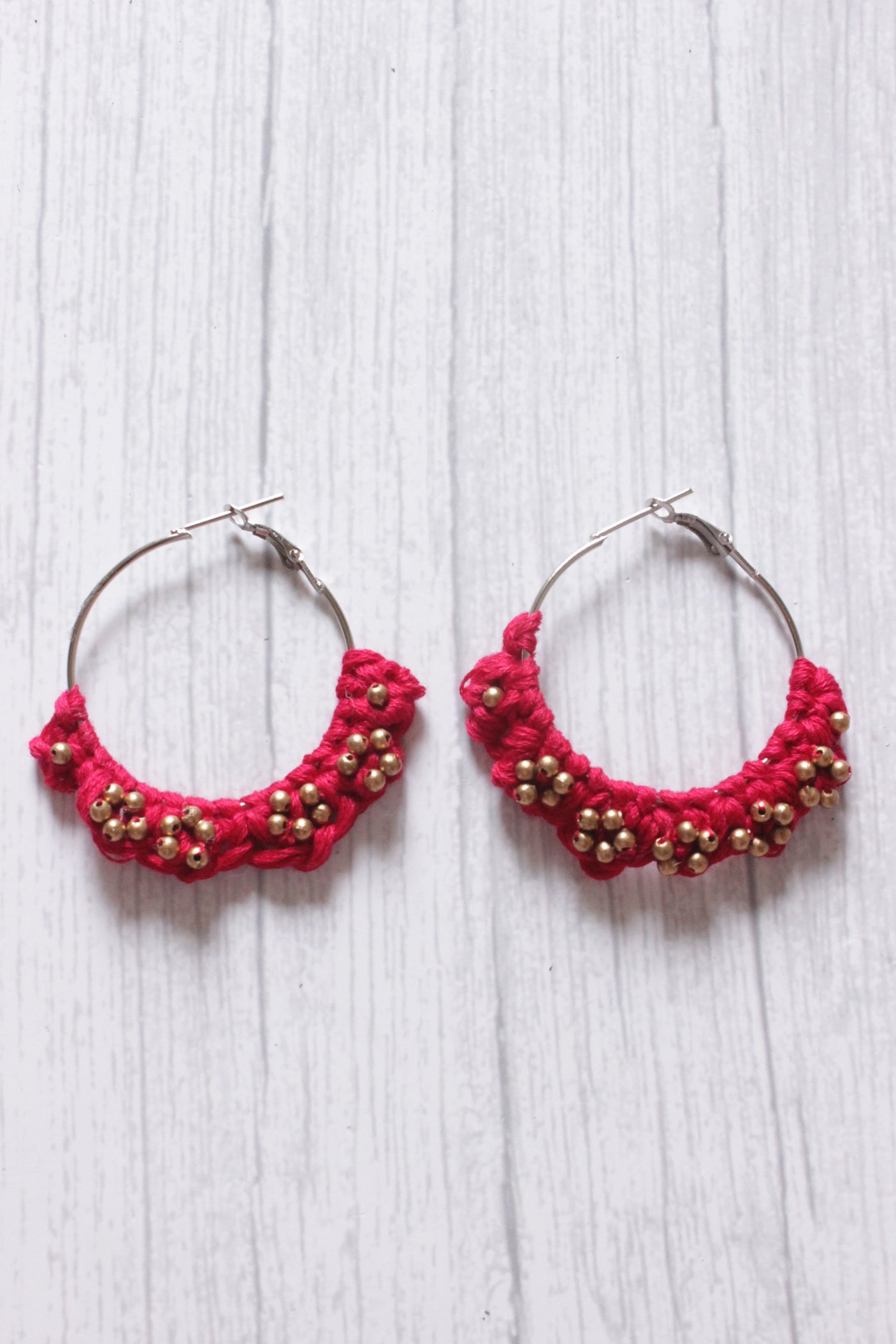 Hand Braided Fuchsia Macrame Threads Hoop Earrings