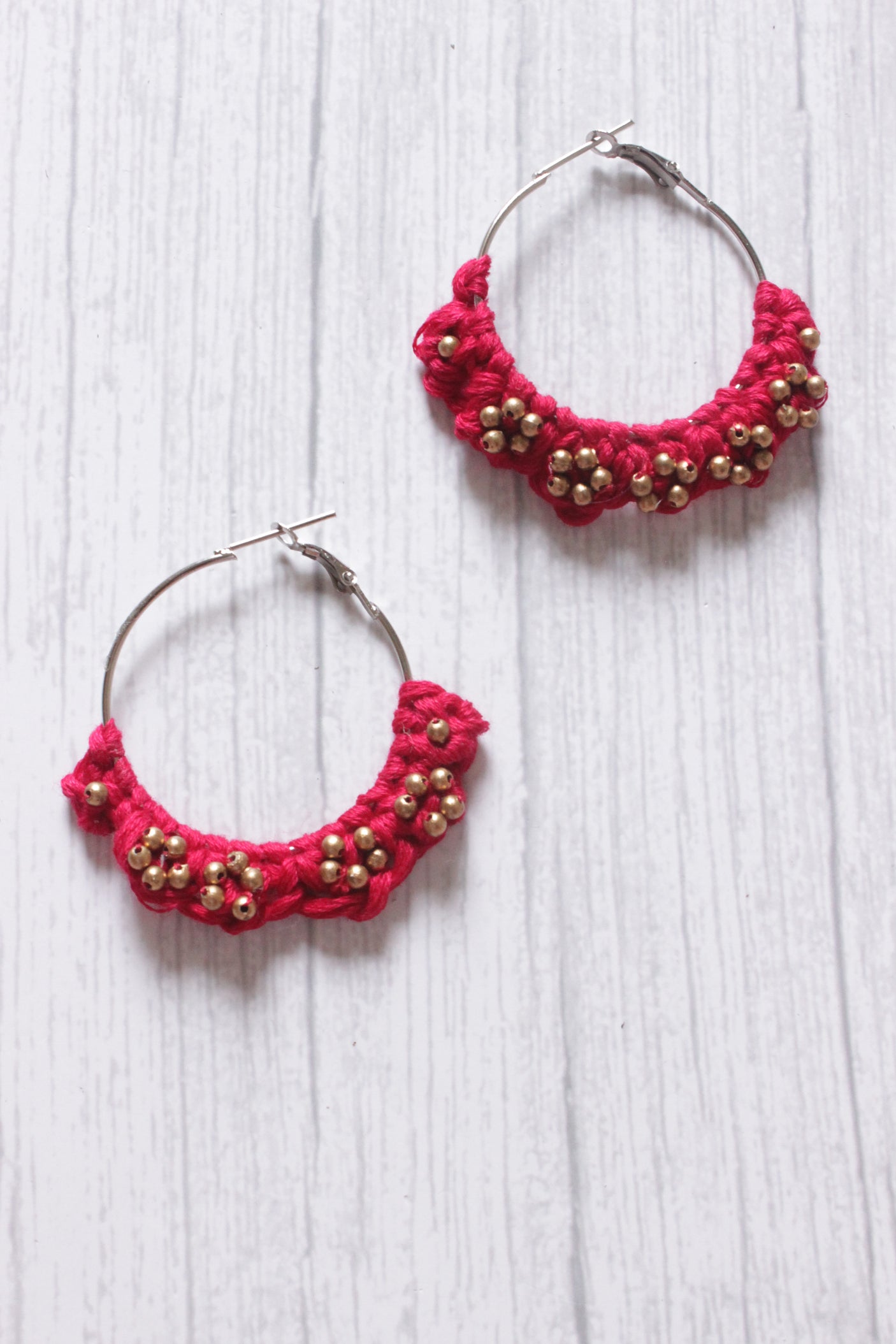 Hand Braided Fuchsia Macrame Threads Hoop Earrings