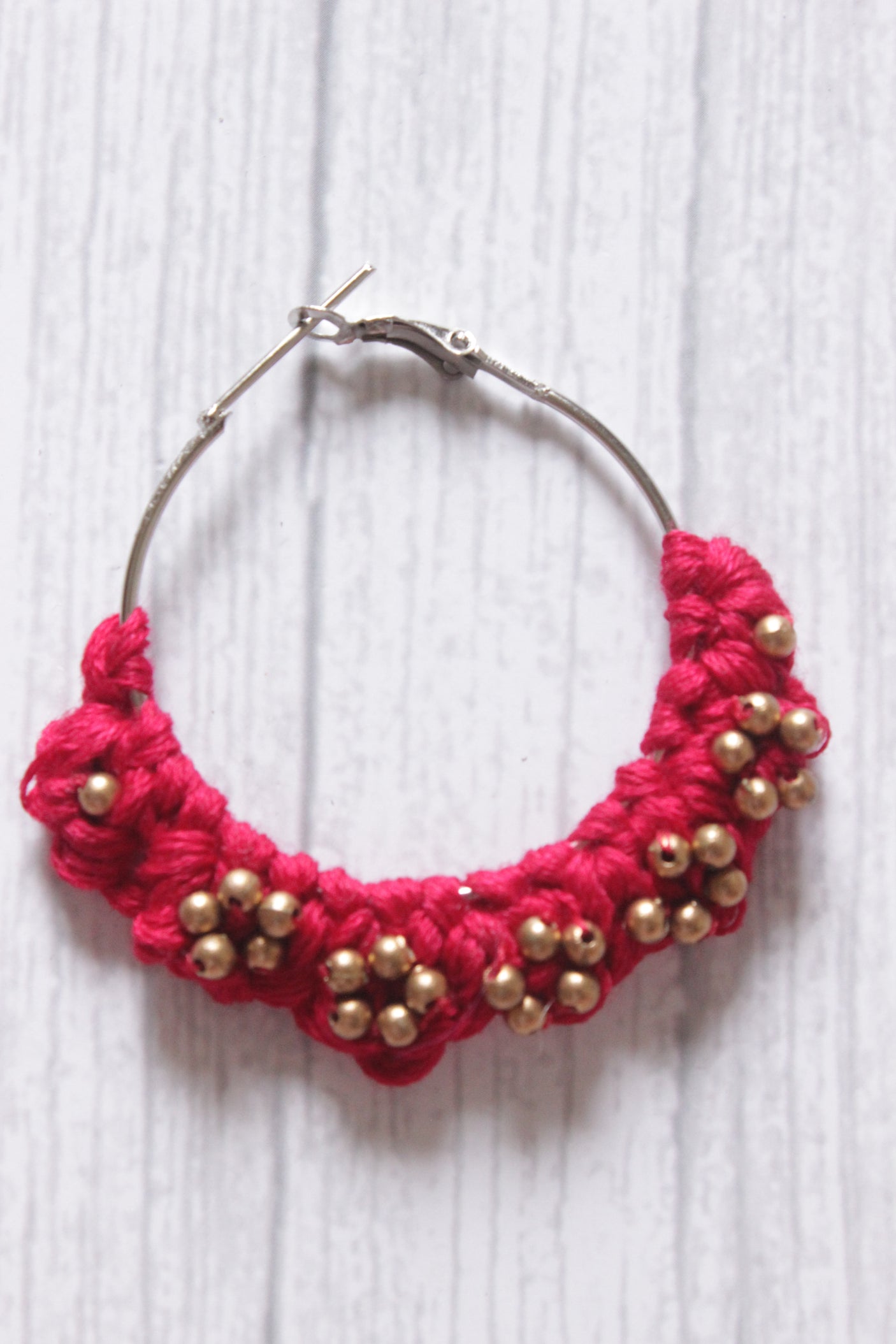 Hand Braided Fuchsia Macrame Threads Hoop Earrings