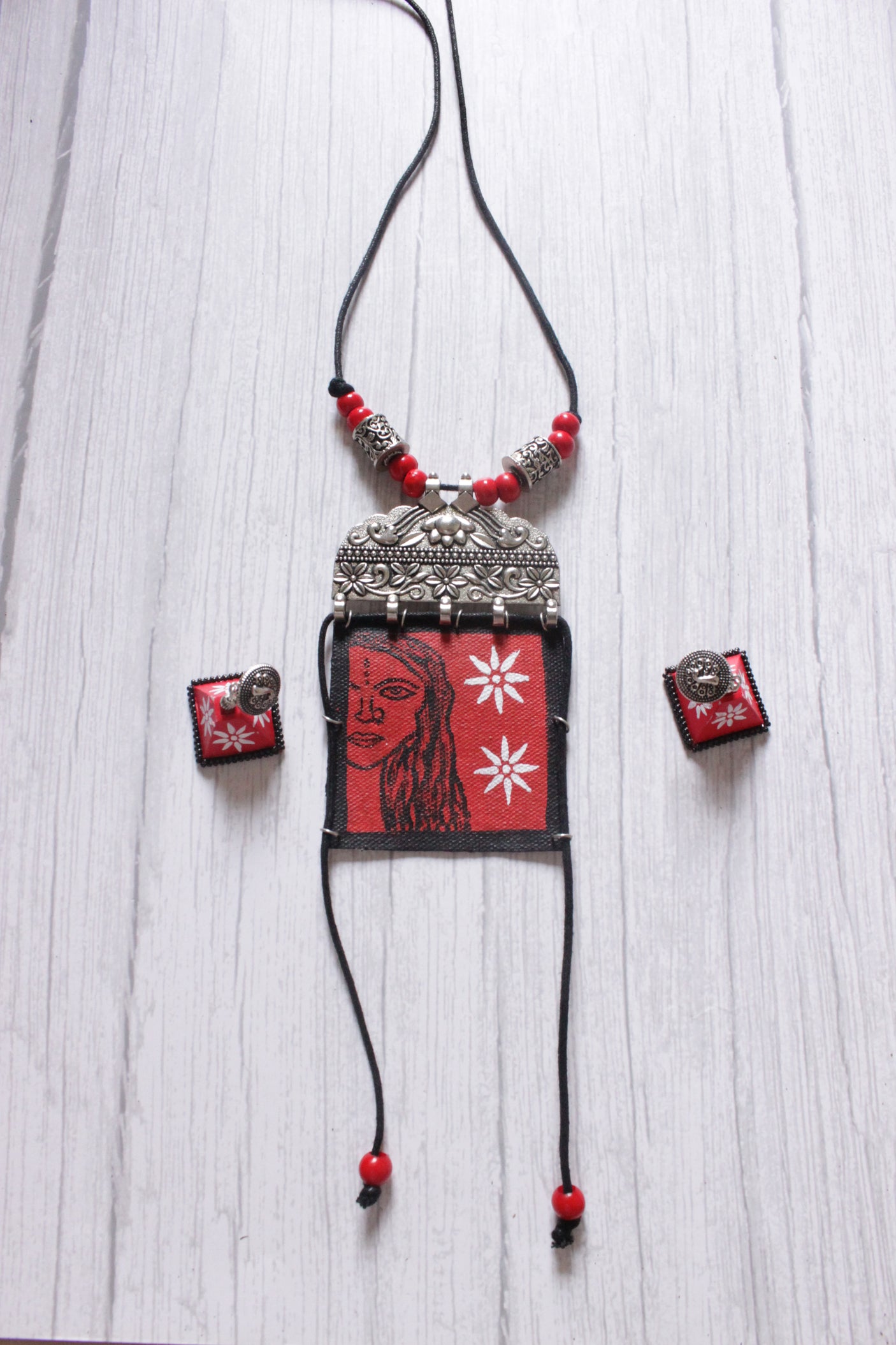 Elegant Hand Painted Woman Face Fabric Necklace Set with Dangler Jhumka Earrings