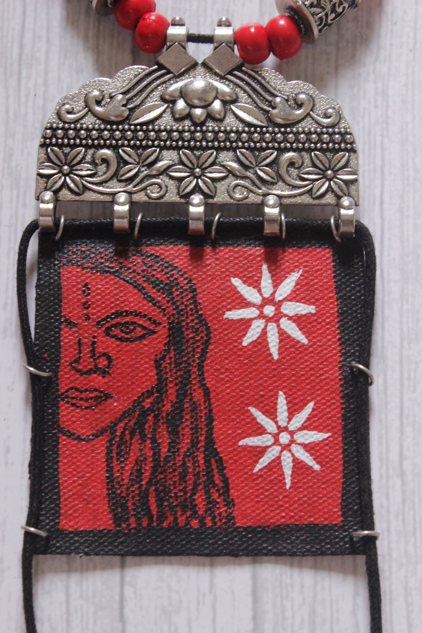 Elegant Hand Painted Woman Face Fabric Necklace Set with Dangler Jhumka Earrings