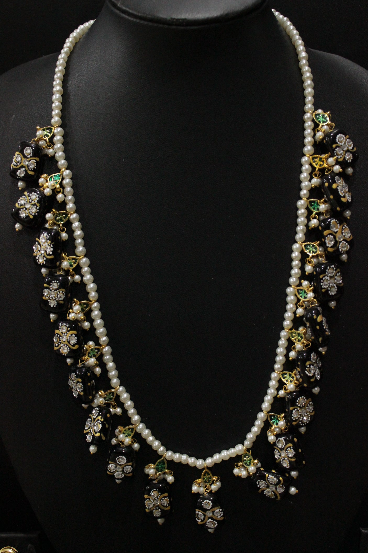 Hand Painted Meenakari Black Acrylic Beads Braised with White Beads and Kundan Stones Embedded Necklace Set