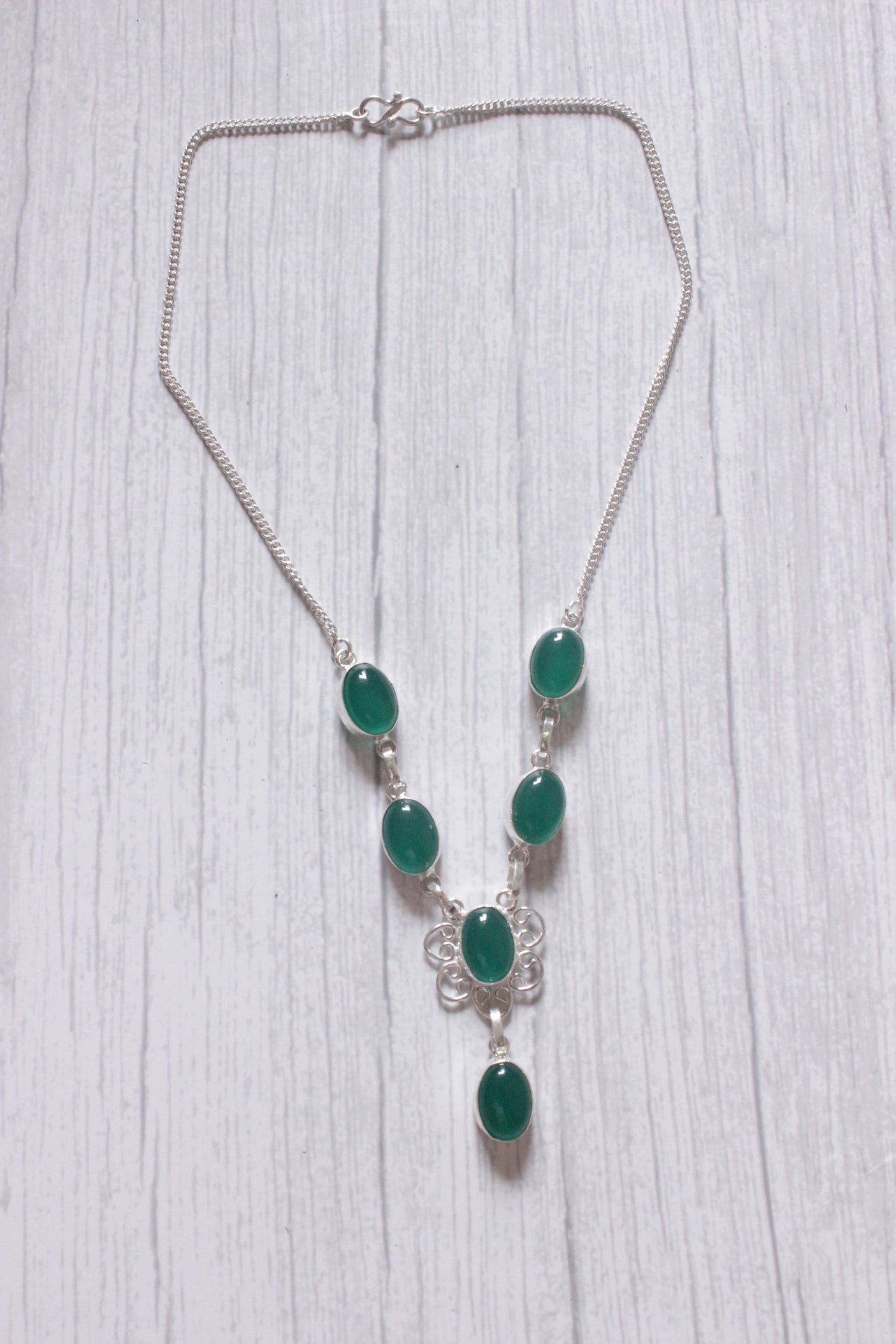 Sea Green Natural Gemstone Embedded Silver Plated Handmade Necklace