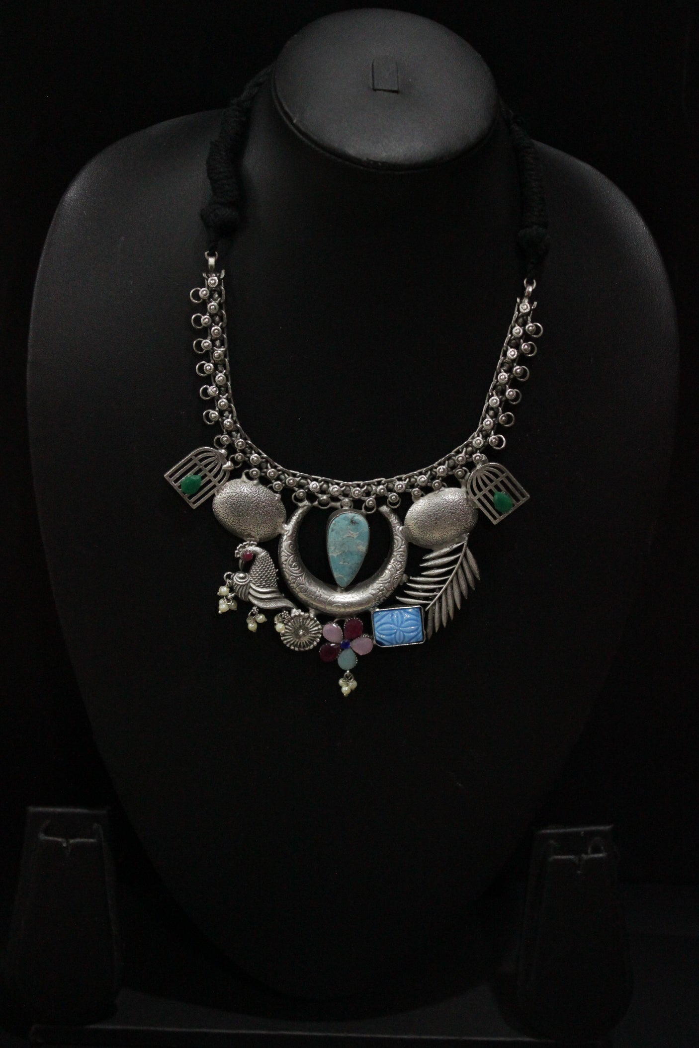 Turquoise Center Peice Raw Natural Gemstones Embedded Silver Finish Adjustable Length Choker Necklace