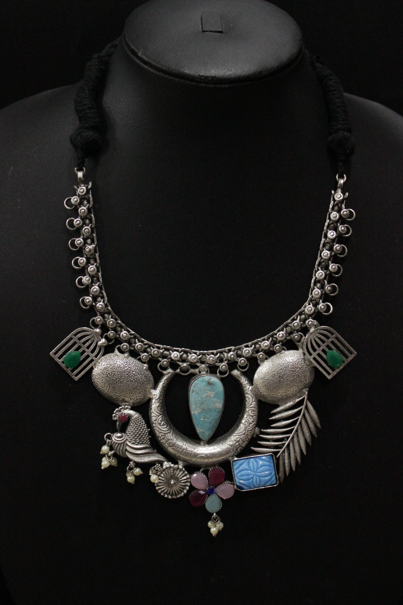 Turquoise Center Peice Raw Natural Gemstones Embedded Silver Finish Adjustable Length Choker Necklace