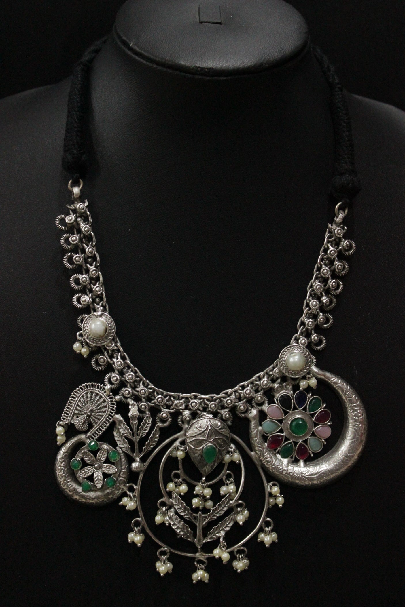 Multi-Color Gemstones Embedded Silver Finish Adjustable Length Choker Necklace