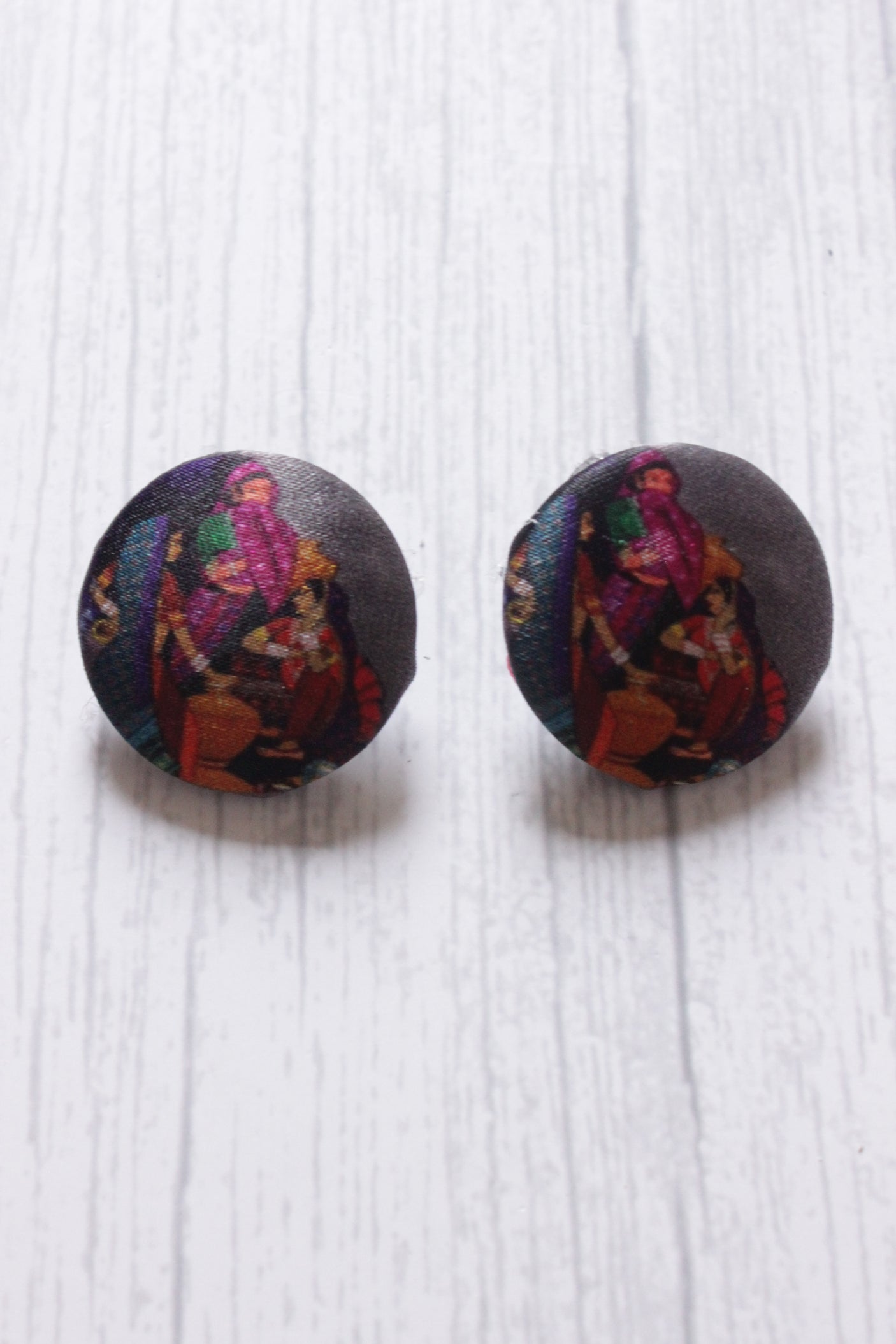 Black Printed Fabric Stud Earrings