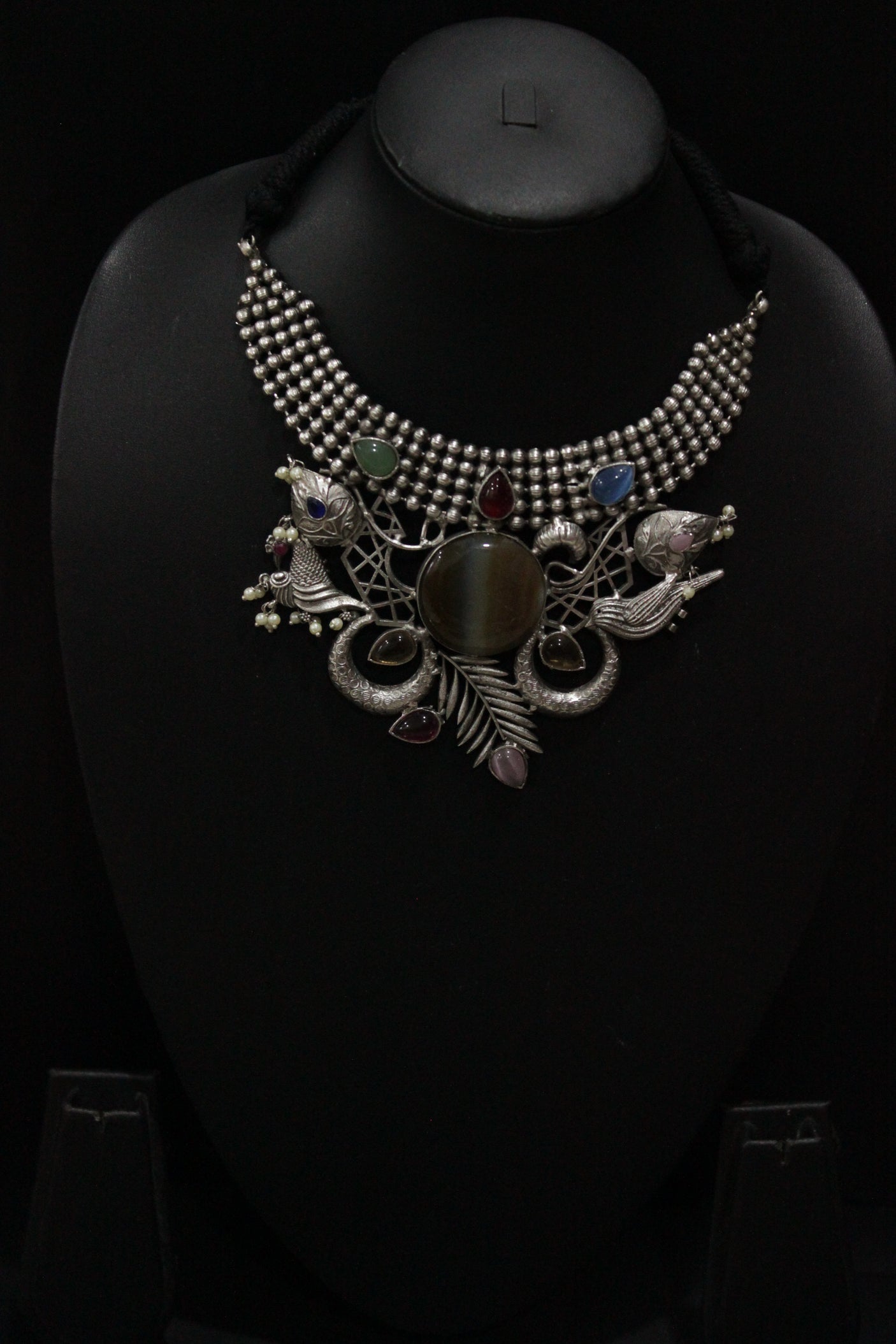 Birds and Leaf Motifs Multi-Color Gemstones Embedded Silver Finish Adjustable Length Choker Necklace