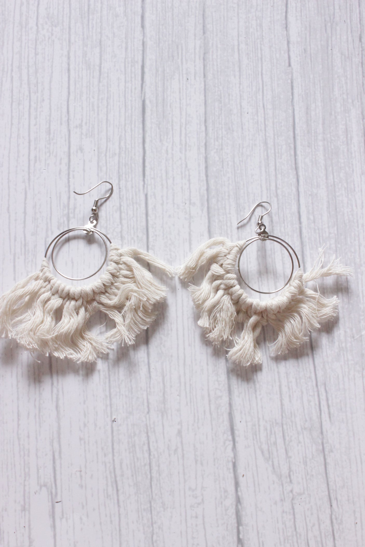 Concentric Circles Hand Braided White Macrame Threads Hoop Earrings