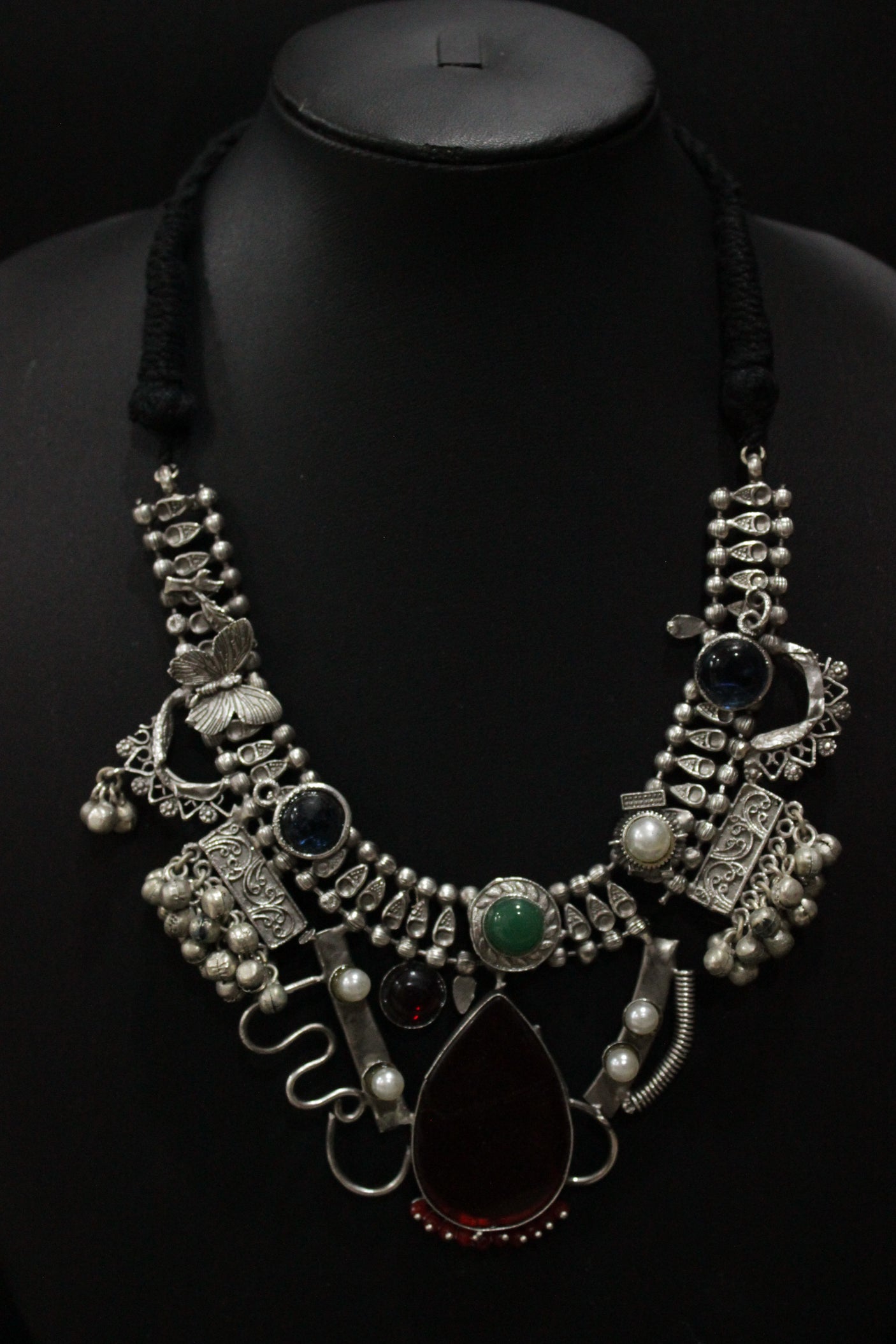 Red Center Peice Raw Natural Gemstones Embedded Silver Finish Adjustable Length Choker Necklace