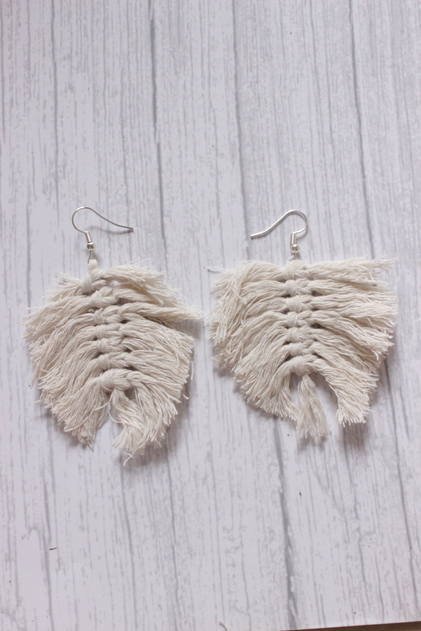 Hand Braided White Macrame Threads Leaf Shape Earrings
