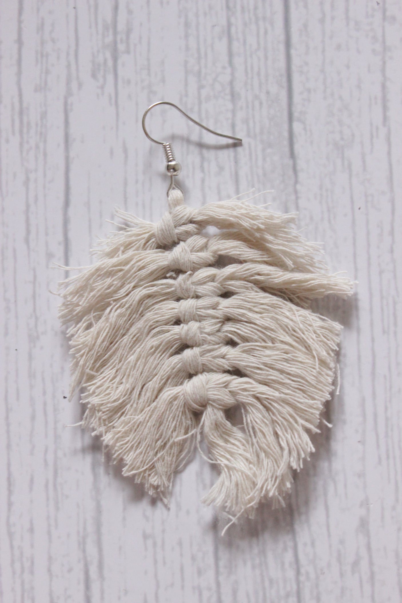 Hand Braided White Macrame Threads Leaf Shape Earrings