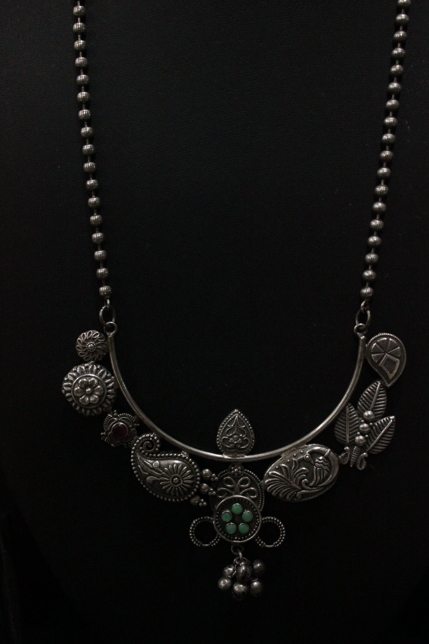 Peacock, Leaves & Flower Motifs Stones Embedded Oxidised Silver Finish Long Chain Necklace