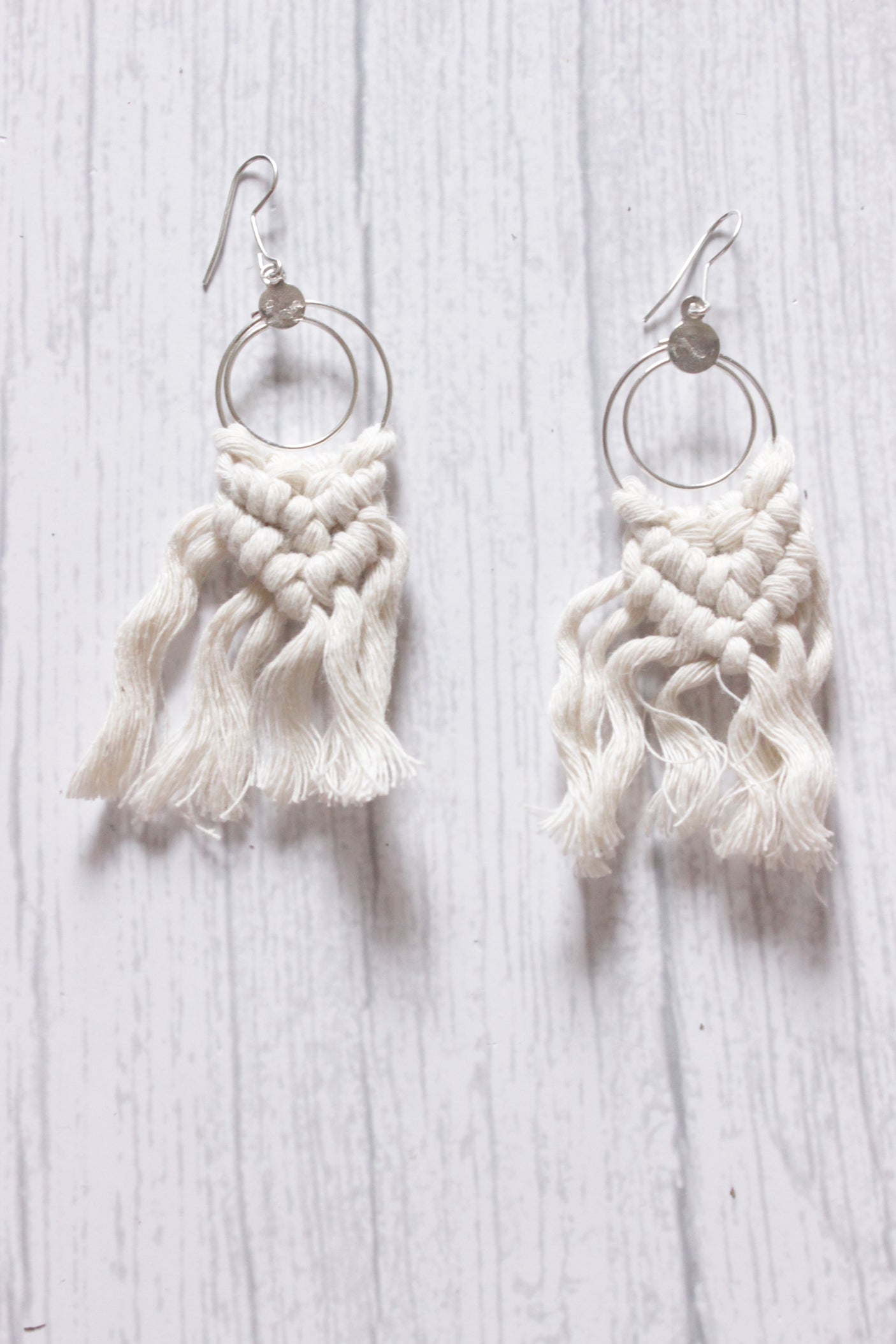 Concentric Circles Hand Braided White Macrame Threads Dangler Earrings