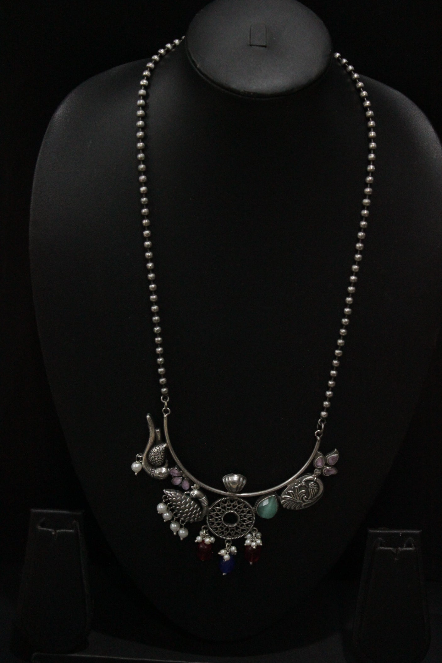 Peacock Motif Multi-Color Stones Embedded Oxidised Silver Finish Long Chain Necklace