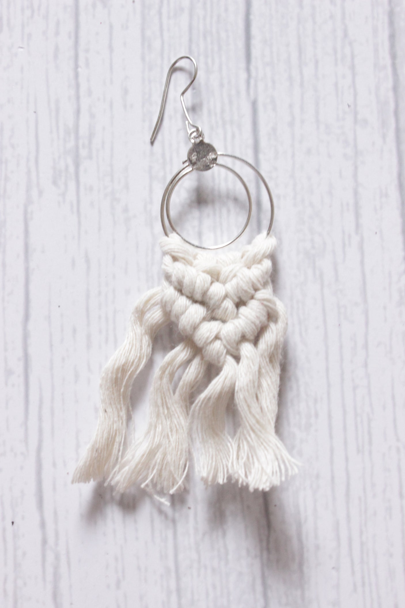 Concentric Circles Hand Braided White Macrame Threads Dangler Earrings