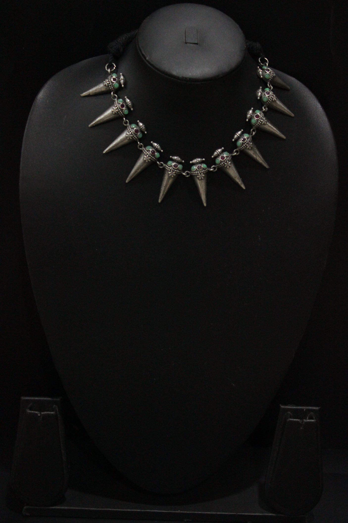 Spike Cone Shaped Metal Charms Braided in Black Thread Adjustable Length Choker Necklace