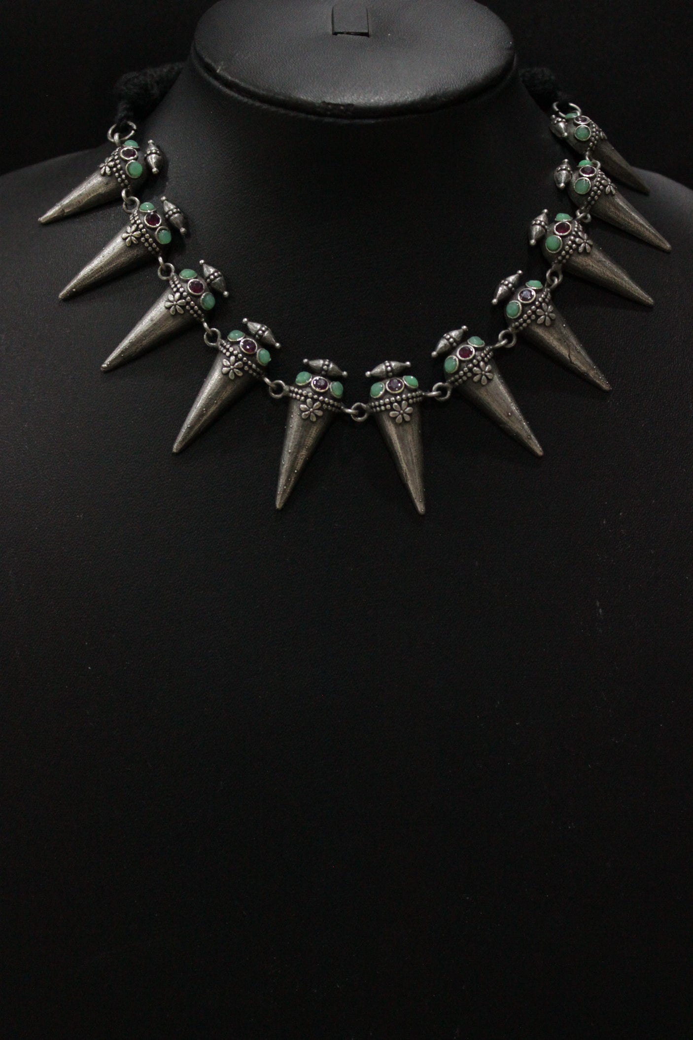 Spike Cone Shaped Metal Charms Braided in Black Thread Adjustable Length Choker Necklace