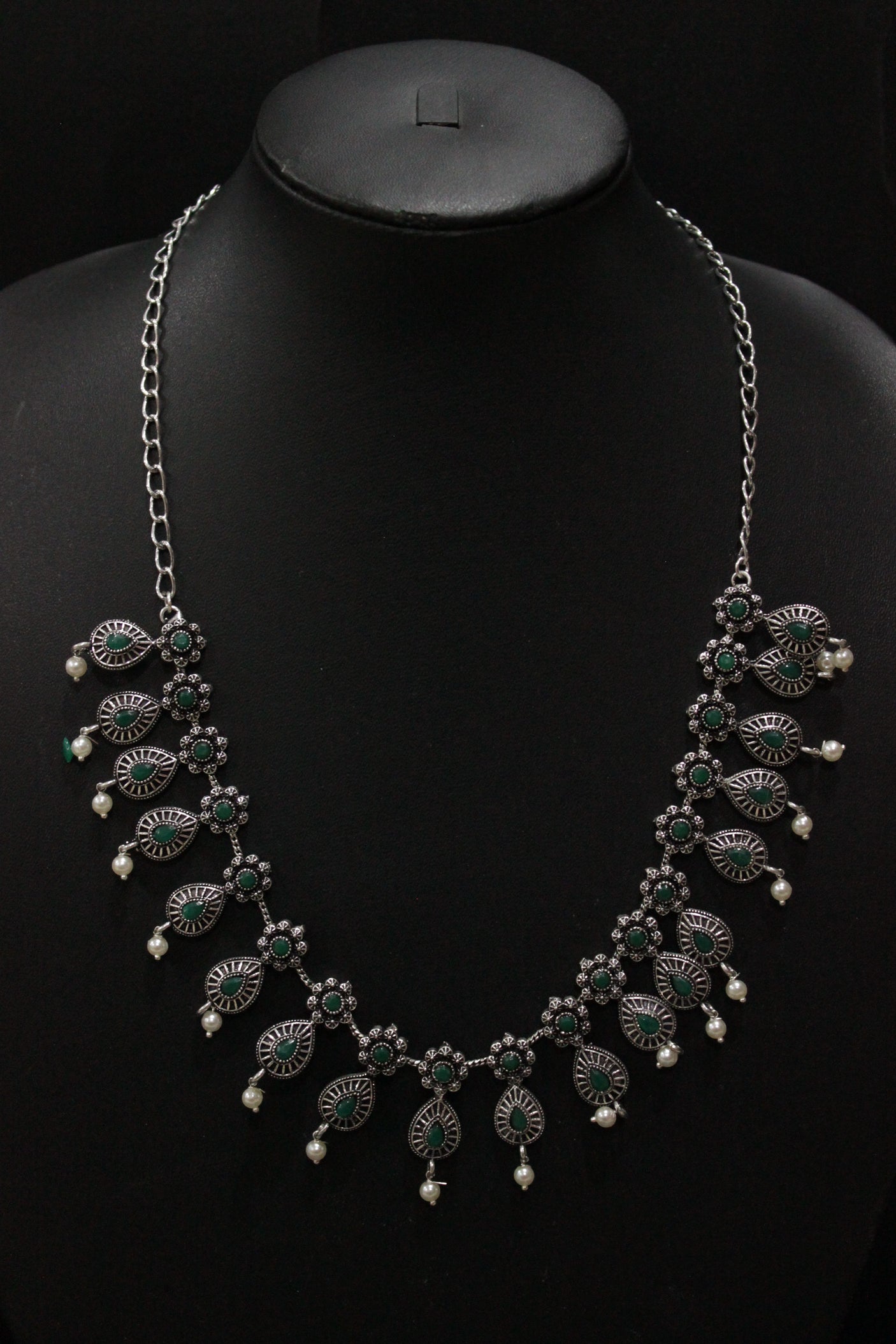 Green Stones Embedded Oxidised Silver Finish Chain Necklace Set