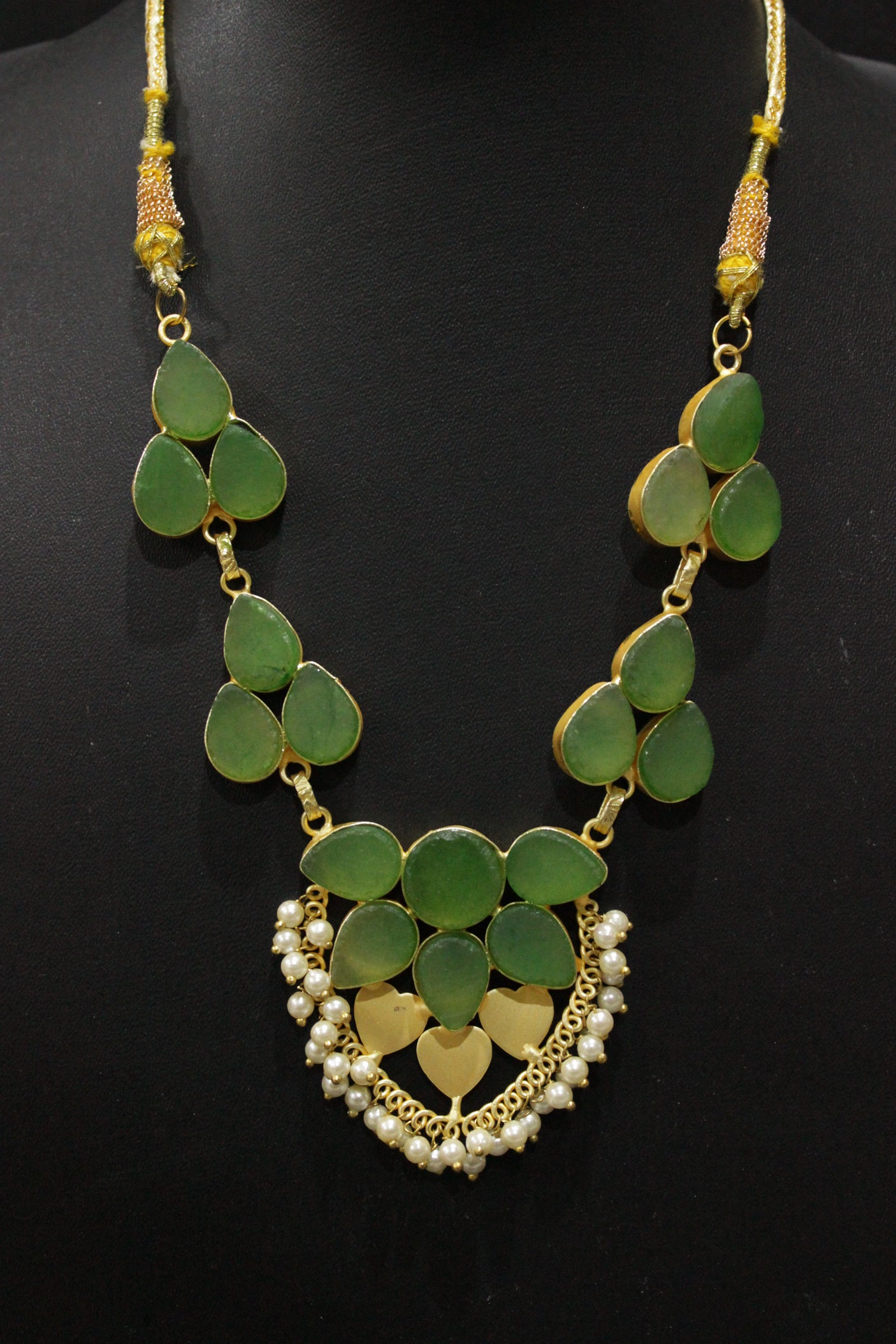 Sea Green Raw Natural Glass Stones Embedded Gold Toned Adjustable Length Necklace Set