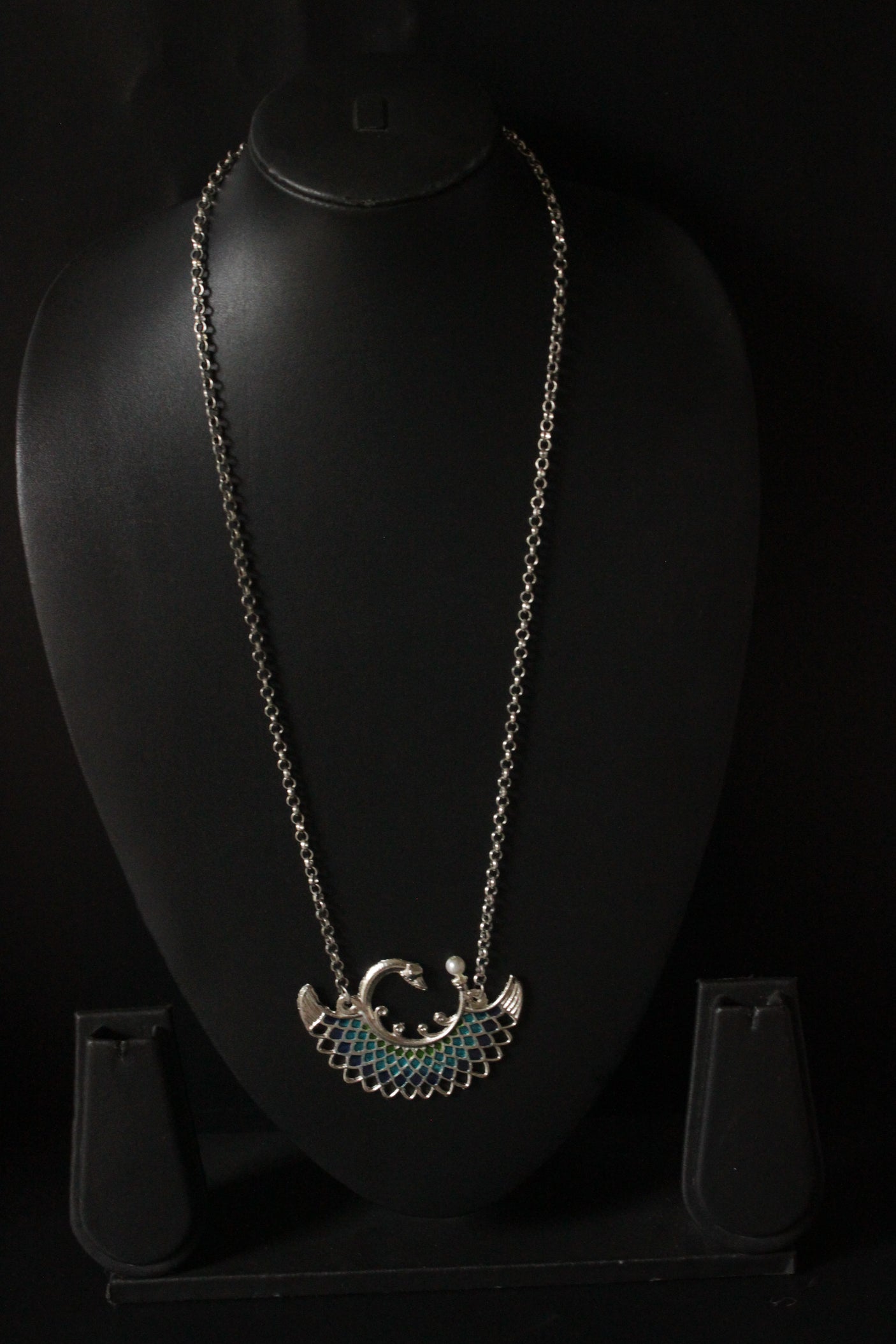 Glass Stones Embedded Peacock Motif Petite Silver Metal Necklace