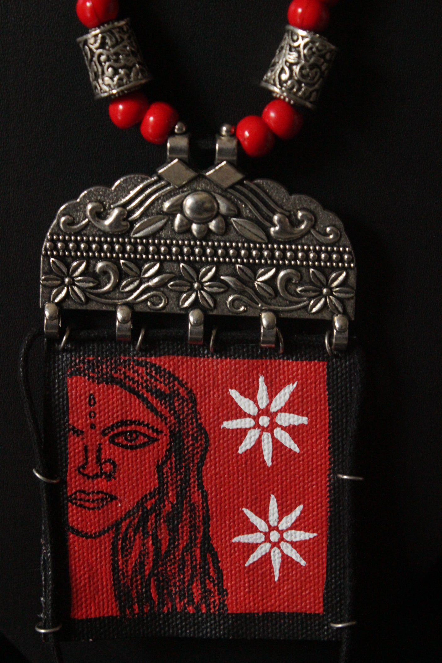 Elegant Hand Painted Woman Face Fabric Necklace Set with Dangler Jhumka Earrings