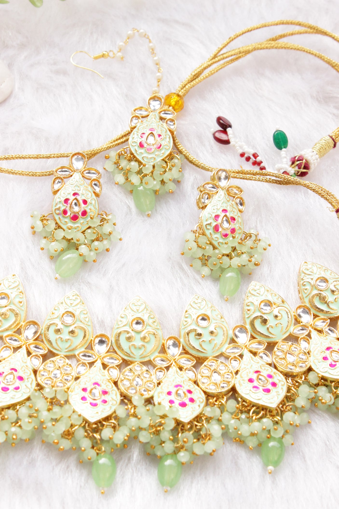 Meenakari Work Sea Green Stones and Beads Embedded Elaborate Choker Necklace Set