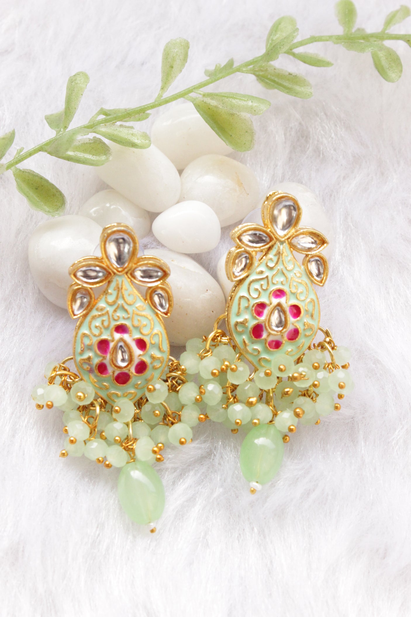 Meenakari Work Sea Green Stones and Beads Embedded Elaborate Choker Necklace Set