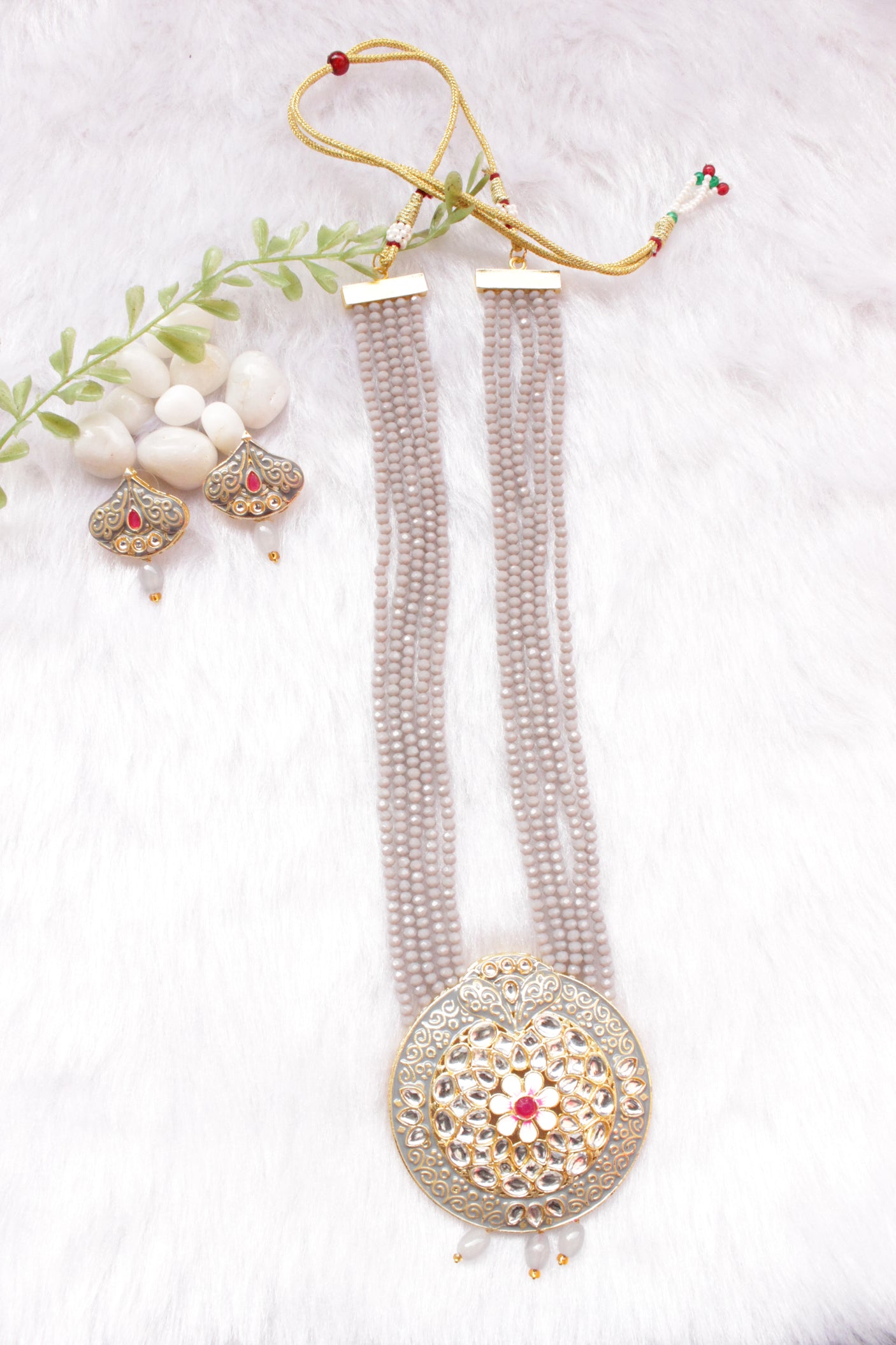 Grey Meenakari Work And Multi-Layer Beads Statement Pendant Long Necklace Set