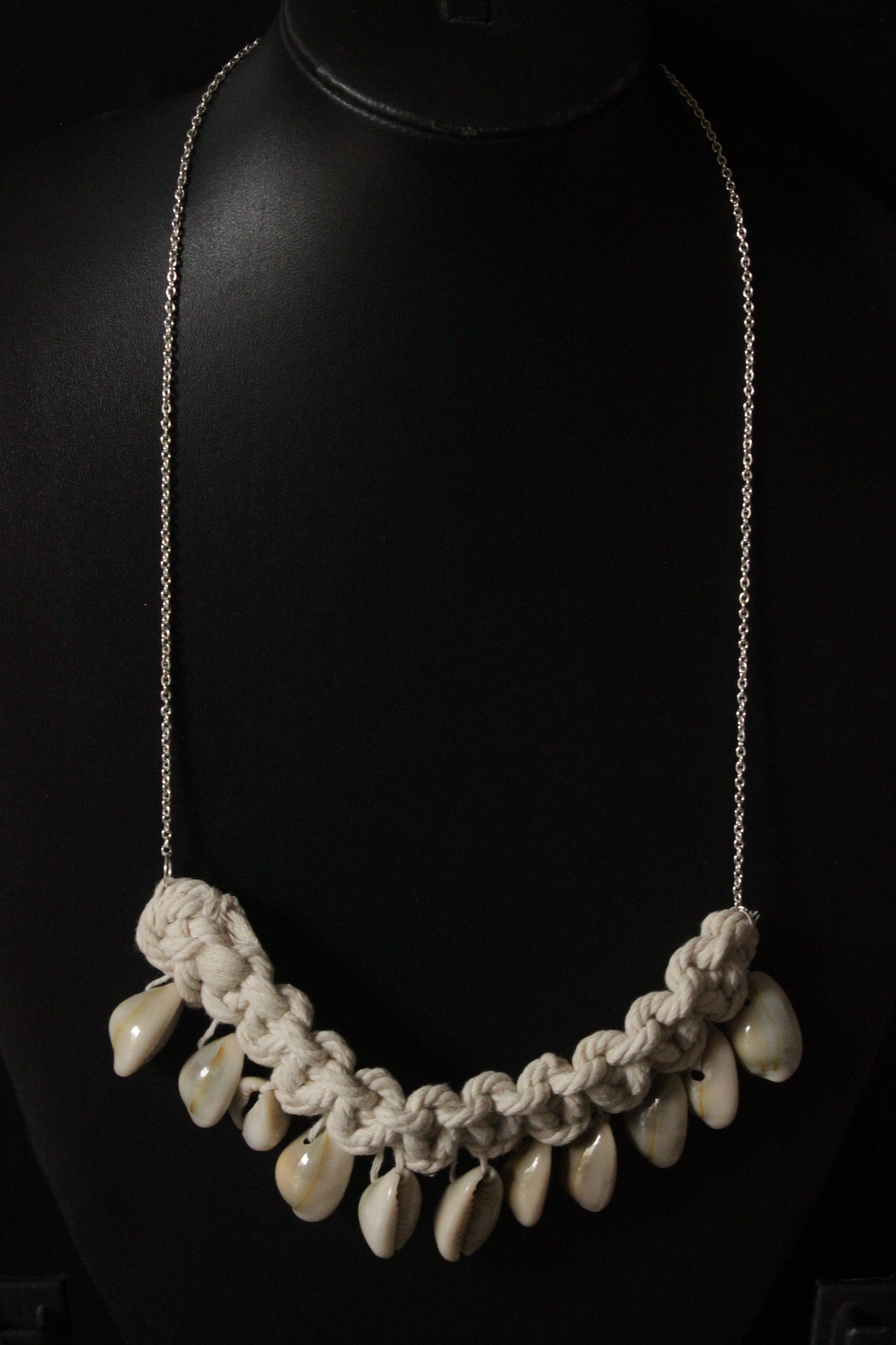 Shells Embellished Braided Macrame Threads Long Silver Chain Necklace Set