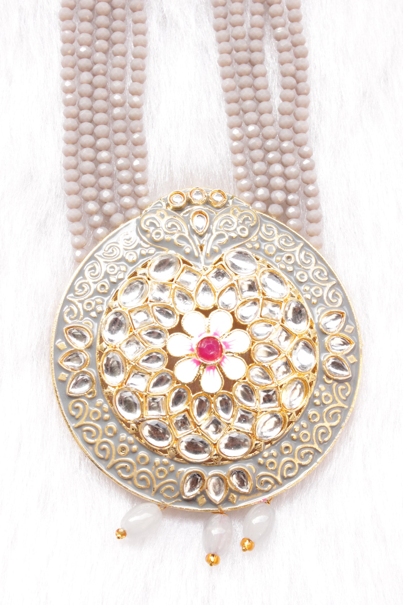 Grey Meenakari Work And Multi-Layer Beads Statement Pendant Long Necklace Set