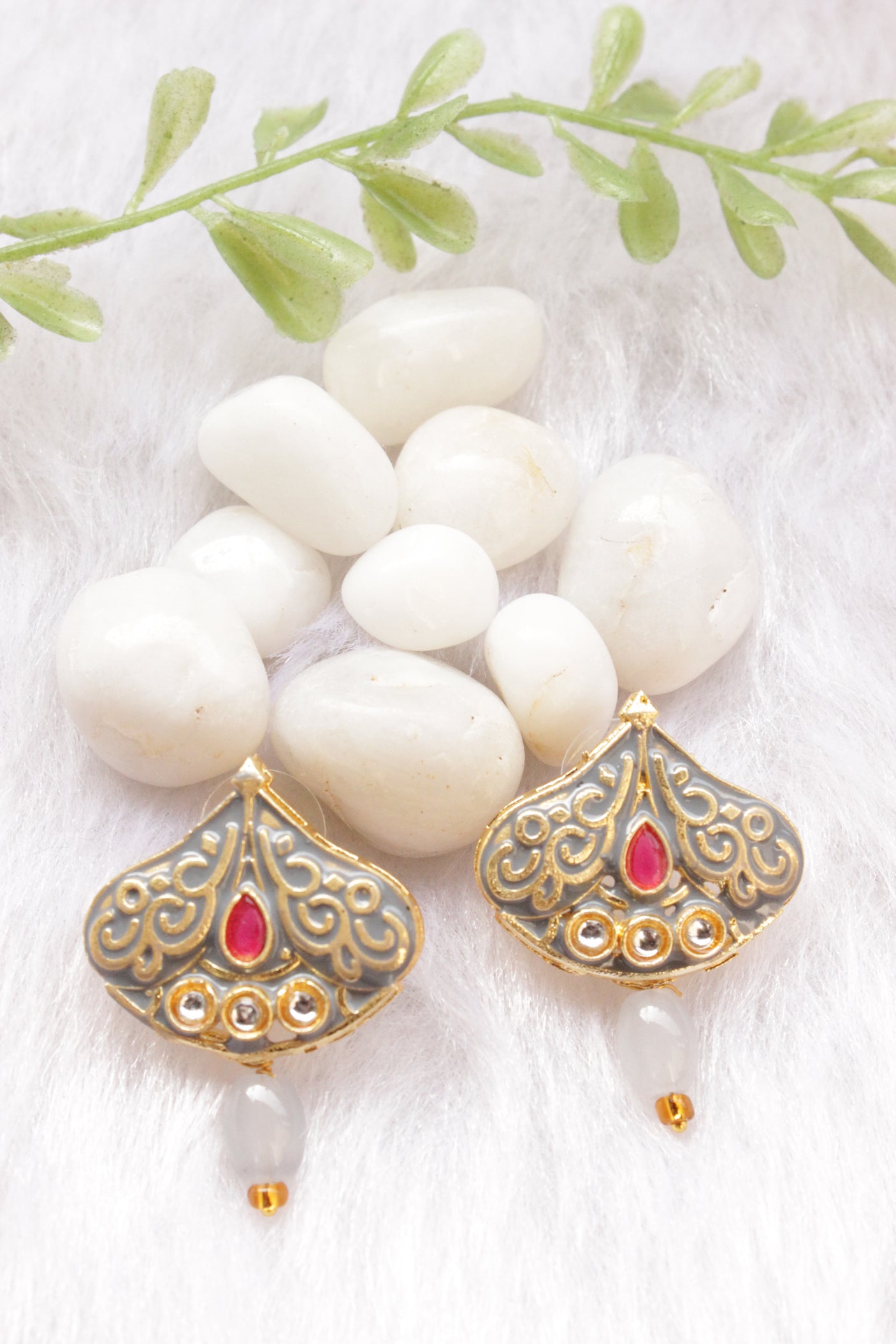 Grey Meenakari Work And Multi-Layer Beads Statement Pendant Long Necklace Set