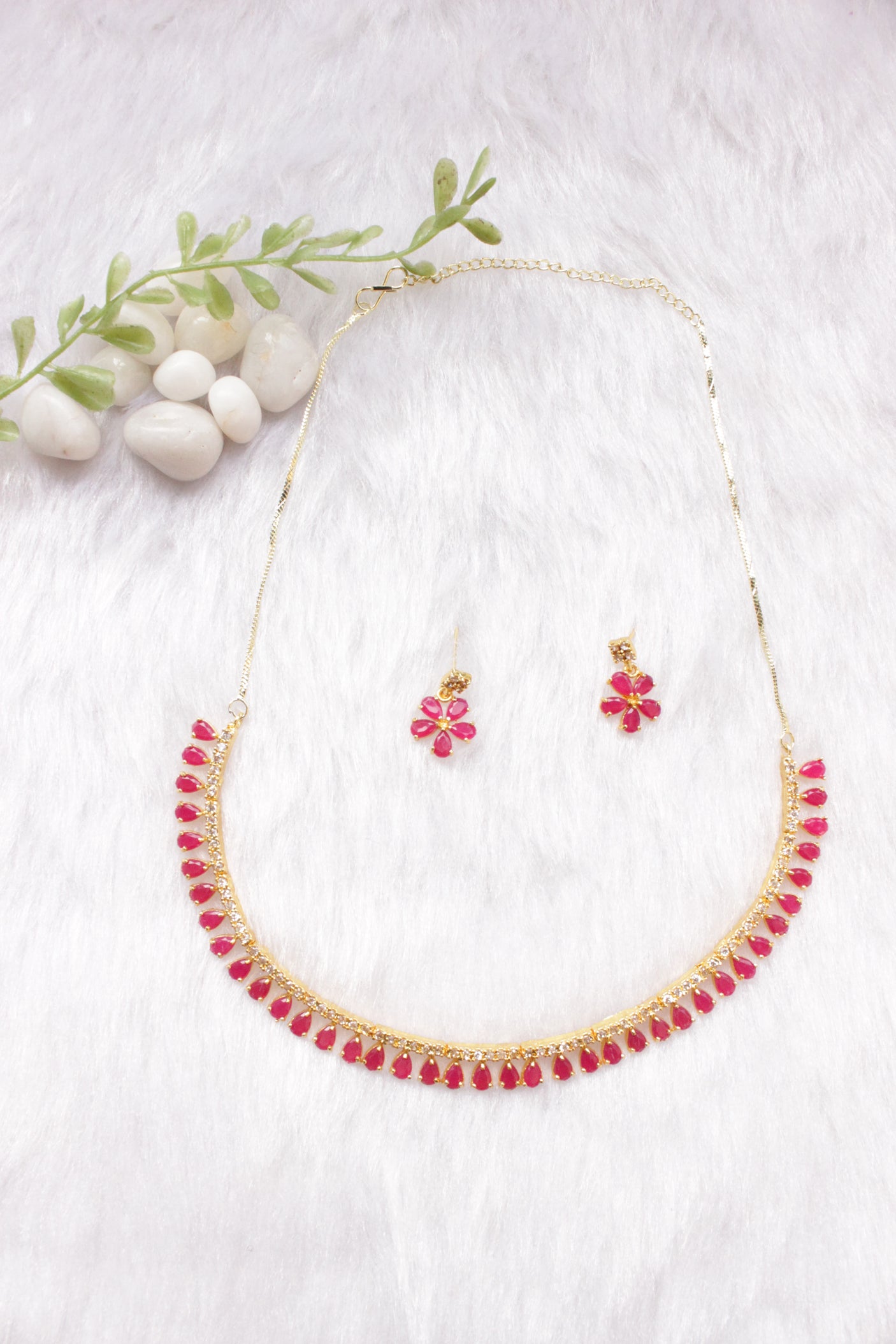Red Ruby Stones and American Diamond Studded Delicate Gold Finish Necklace Set