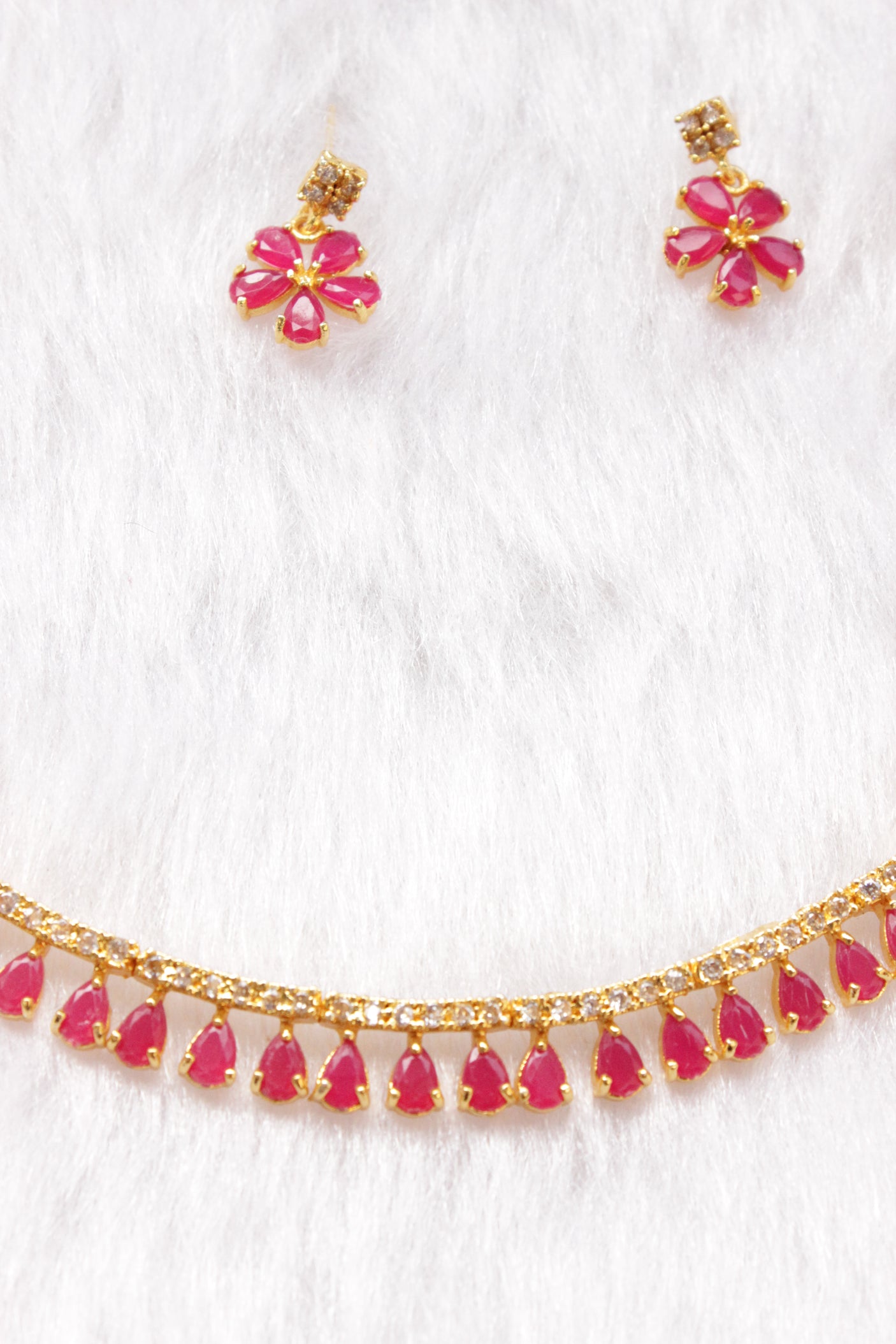Red Ruby Stones and American Diamond Studded Delicate Gold Finish Necklace Set