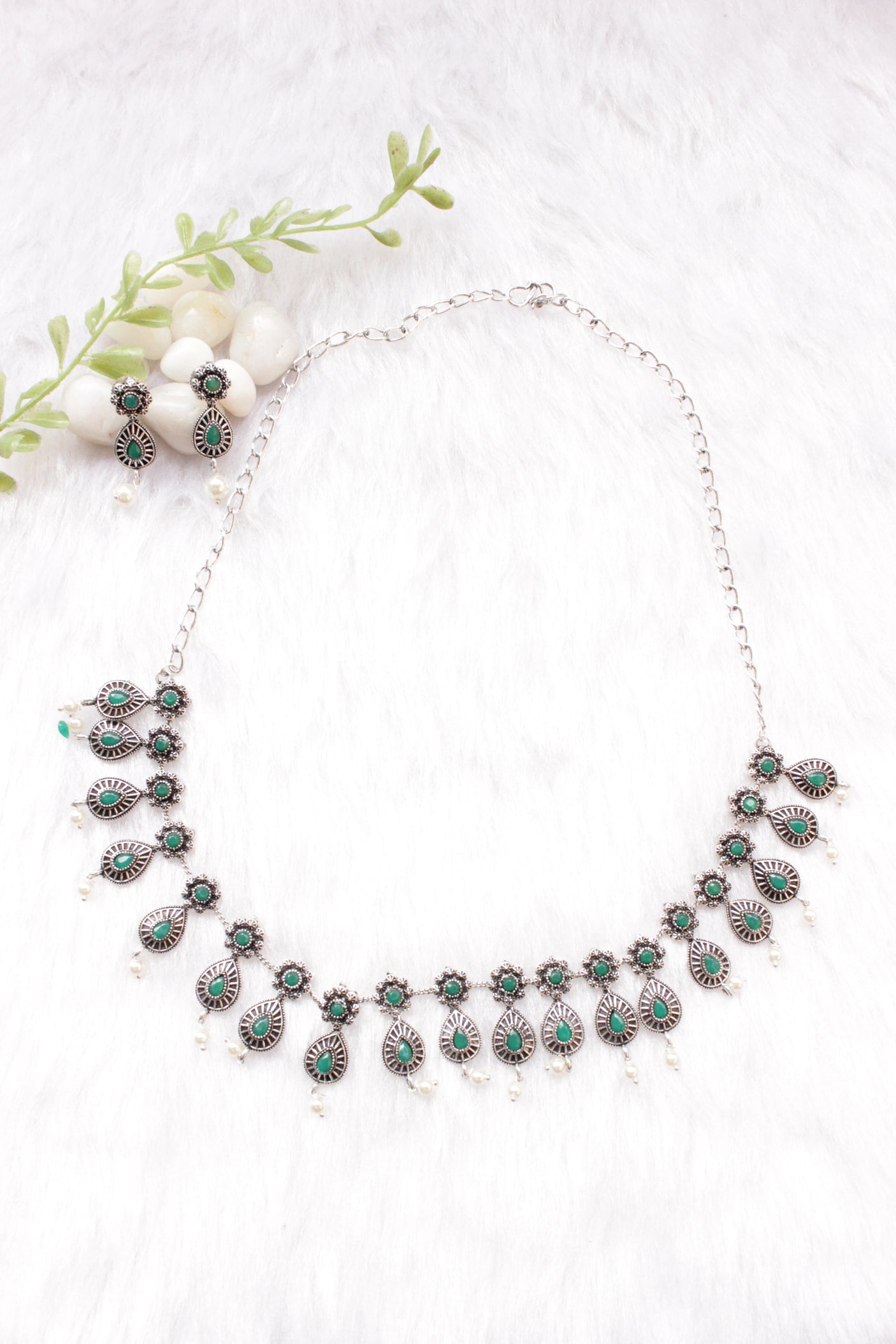 Green Stones Embedded Oxidised Silver Finish Chain Necklace Set