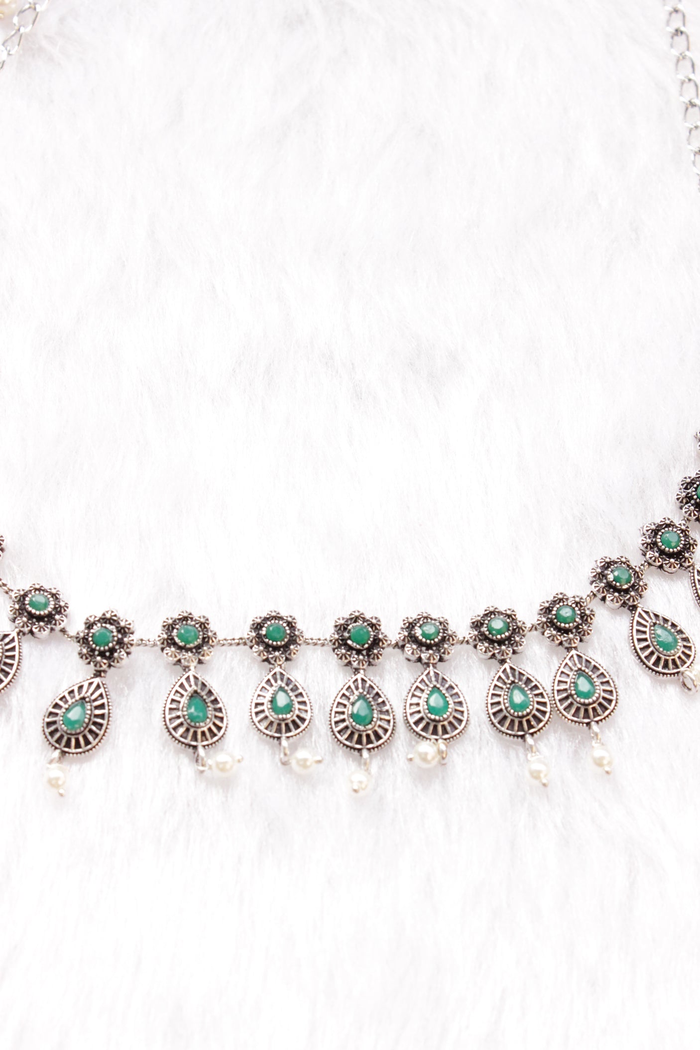 Green Stones Embedded Oxidised Silver Finish Chain Necklace Set