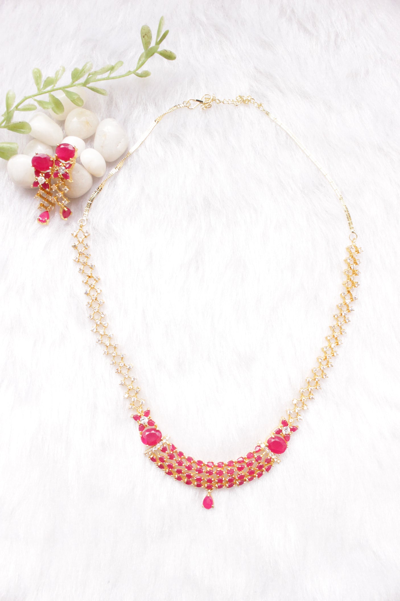 Red Ruby Stones and American Diamond Studded Delicate Gold Finish Necklace Set with Dangler Earrings