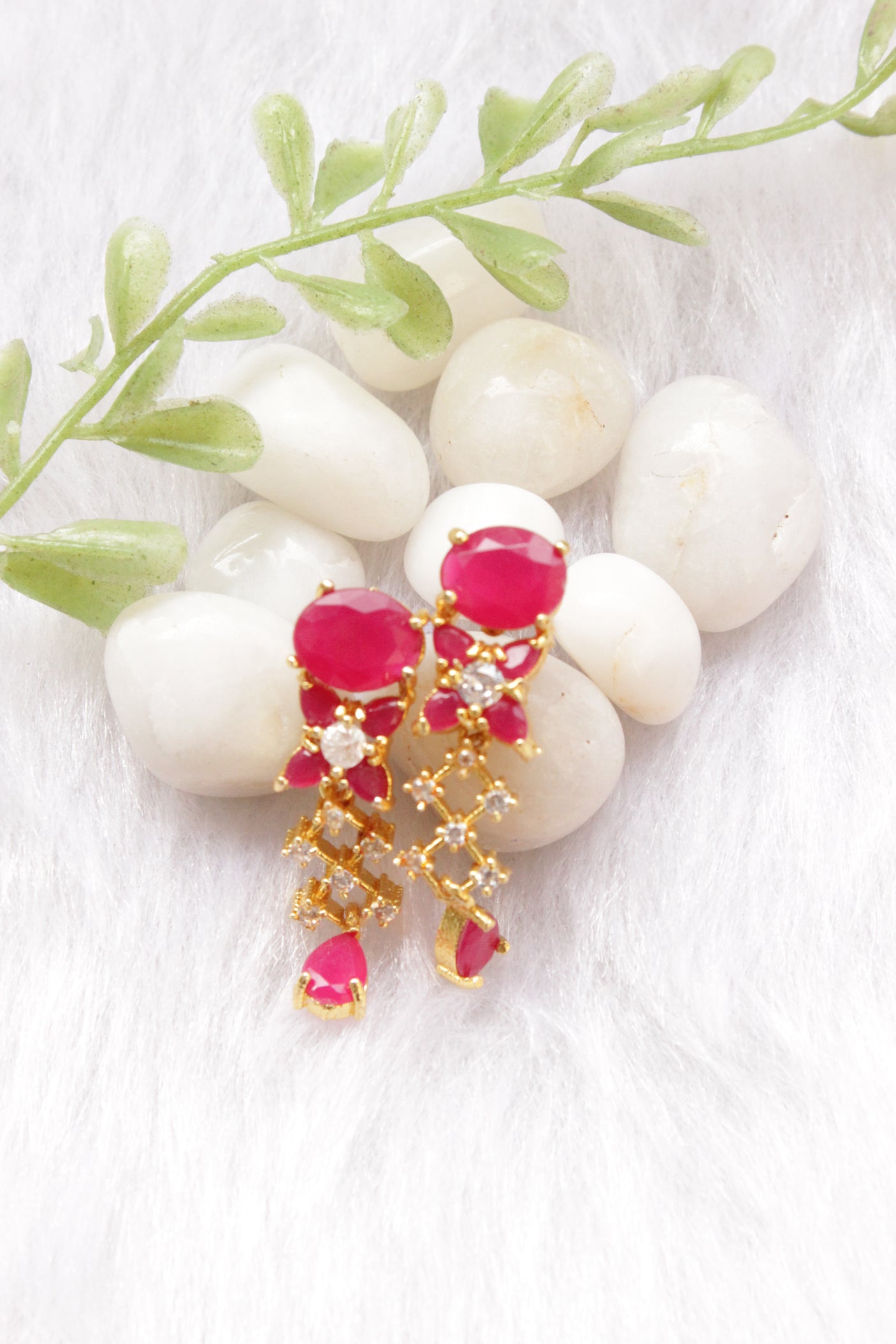 Red Ruby Stones and American Diamond Studded Delicate Gold Finish Necklace Set with Dangler Earrings