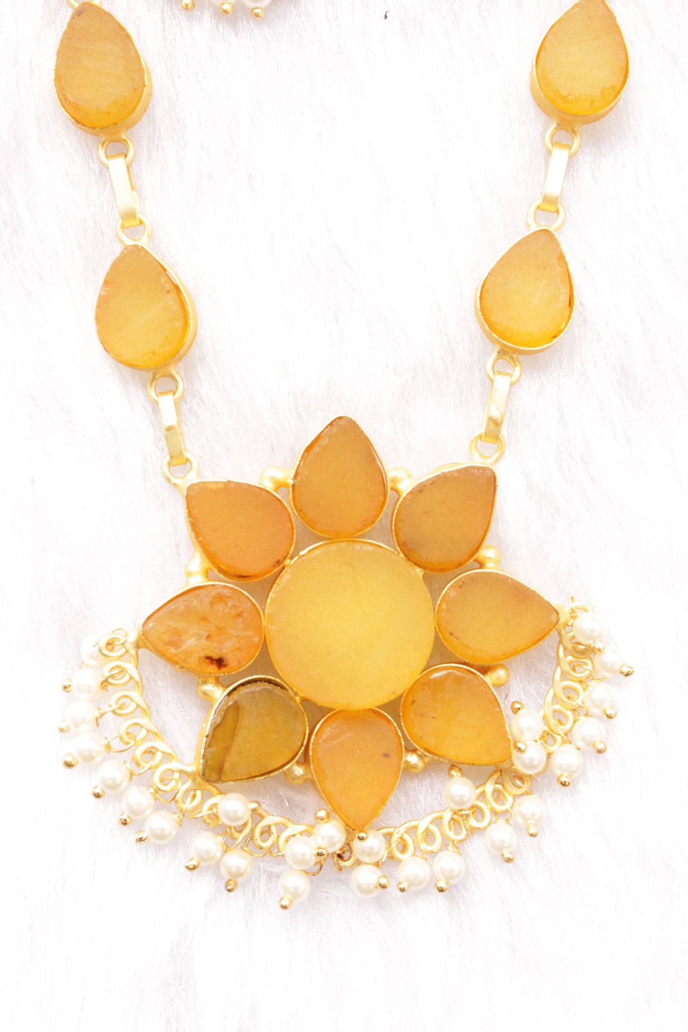 Tuscany Yellow Raw Natural Glass Stones Embedded Gold Toned Adjustable Length Necklace Set