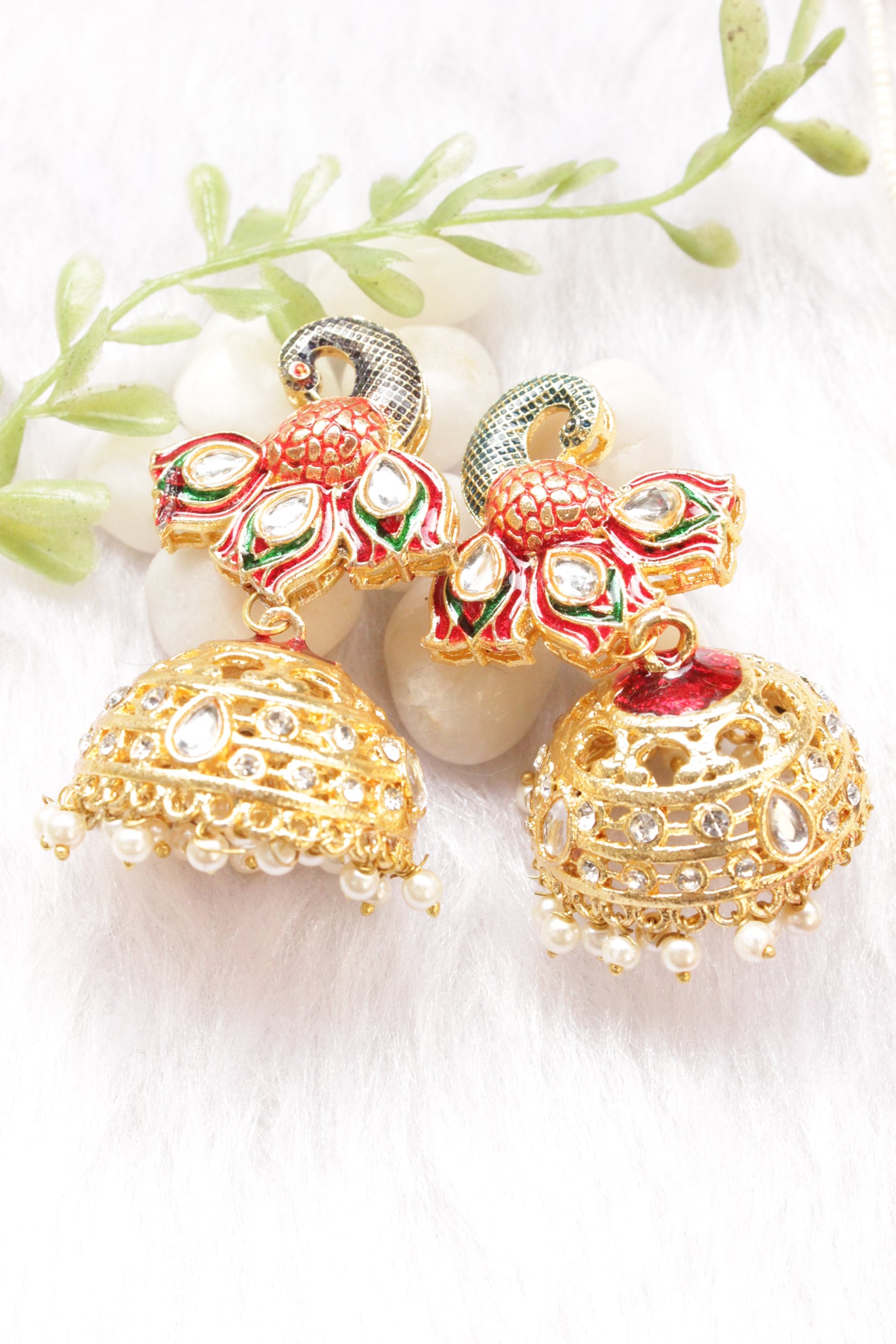 Kundan Stones Embedded Enamel Painted Peacock and Bansuri Motif Pendant Multi-Layer Red Beads Necklace Set