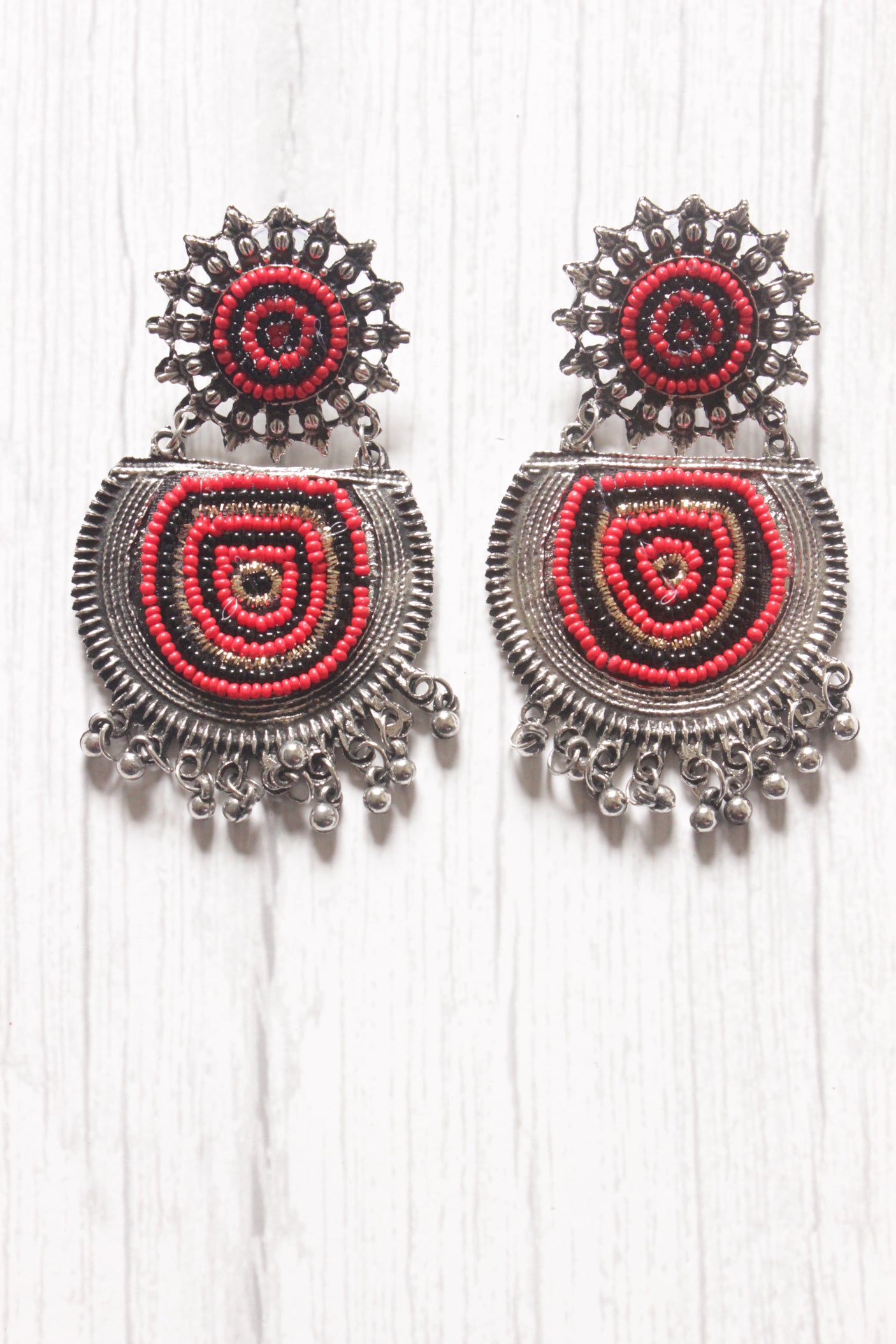 Red & Black Beads Oxidised Silver Dangler Earrings