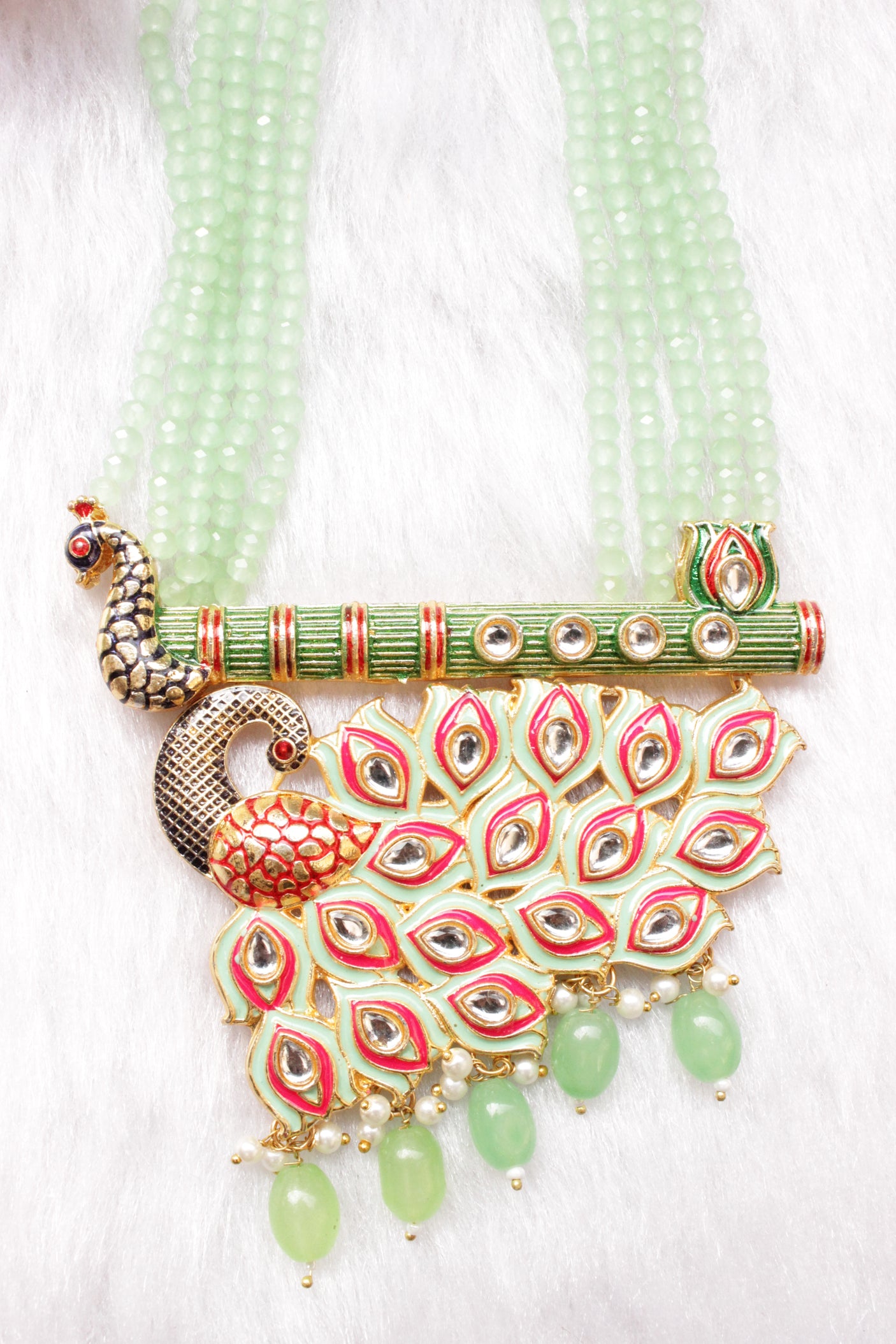 Kundan Stones Embedded Enamel Painted Peacock and Bansuri Motif Pendant Multi-Layer Turquoise Beads Necklace Set
