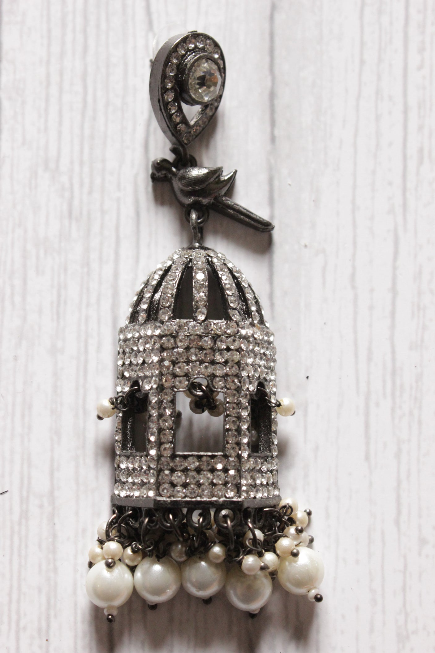 American Diamond Studded Mahal Shape Jhumka Earrings Embellished with White Beads